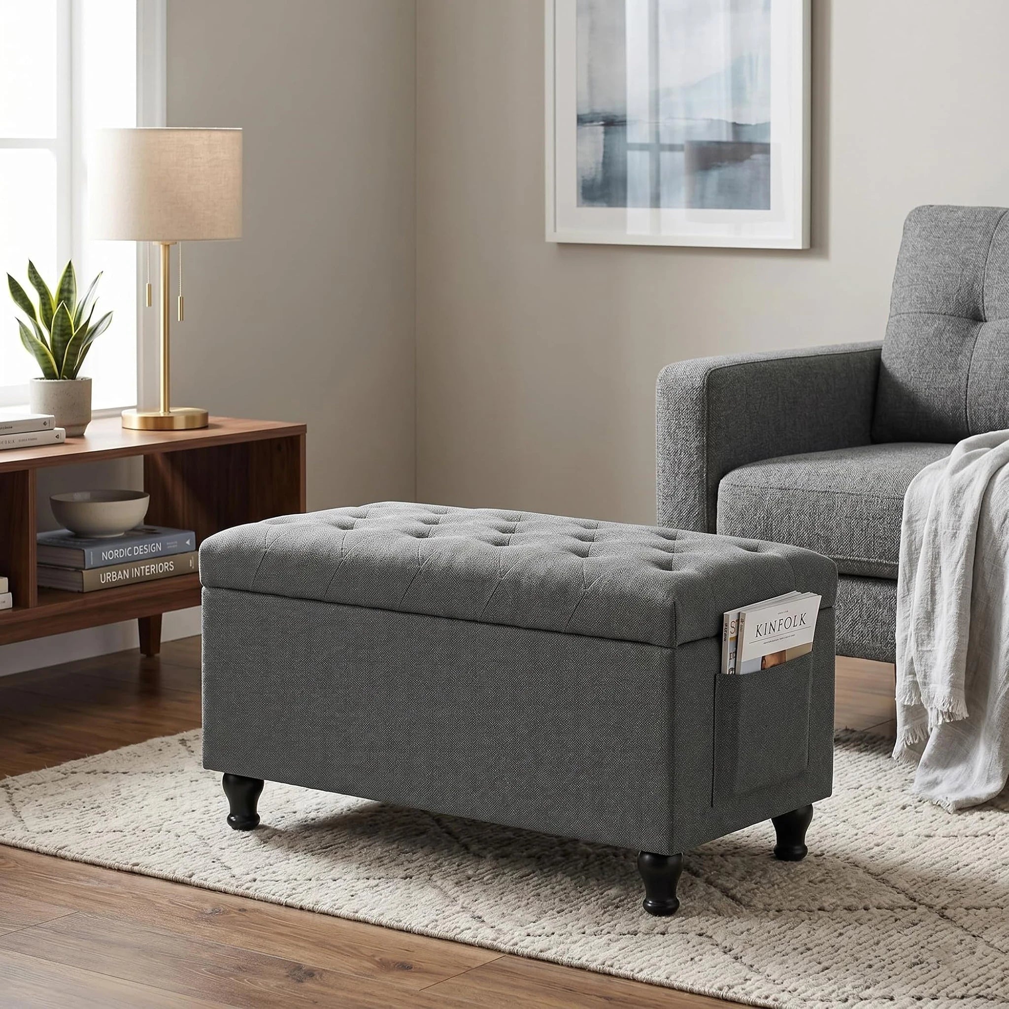 Deco Grey Fabric Storage Ottoman Bench – styled home scene