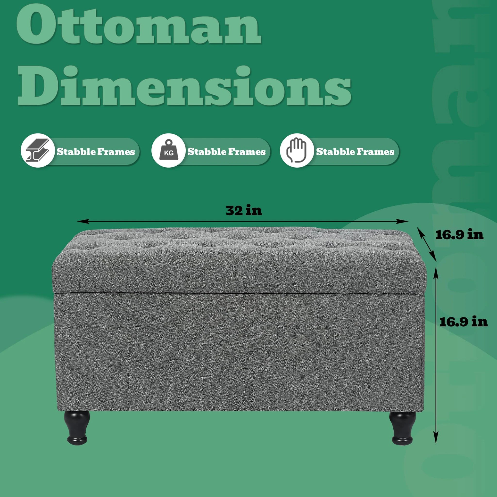 Deco Grey Fabric Storage Ottoman Bench – dimensions chart