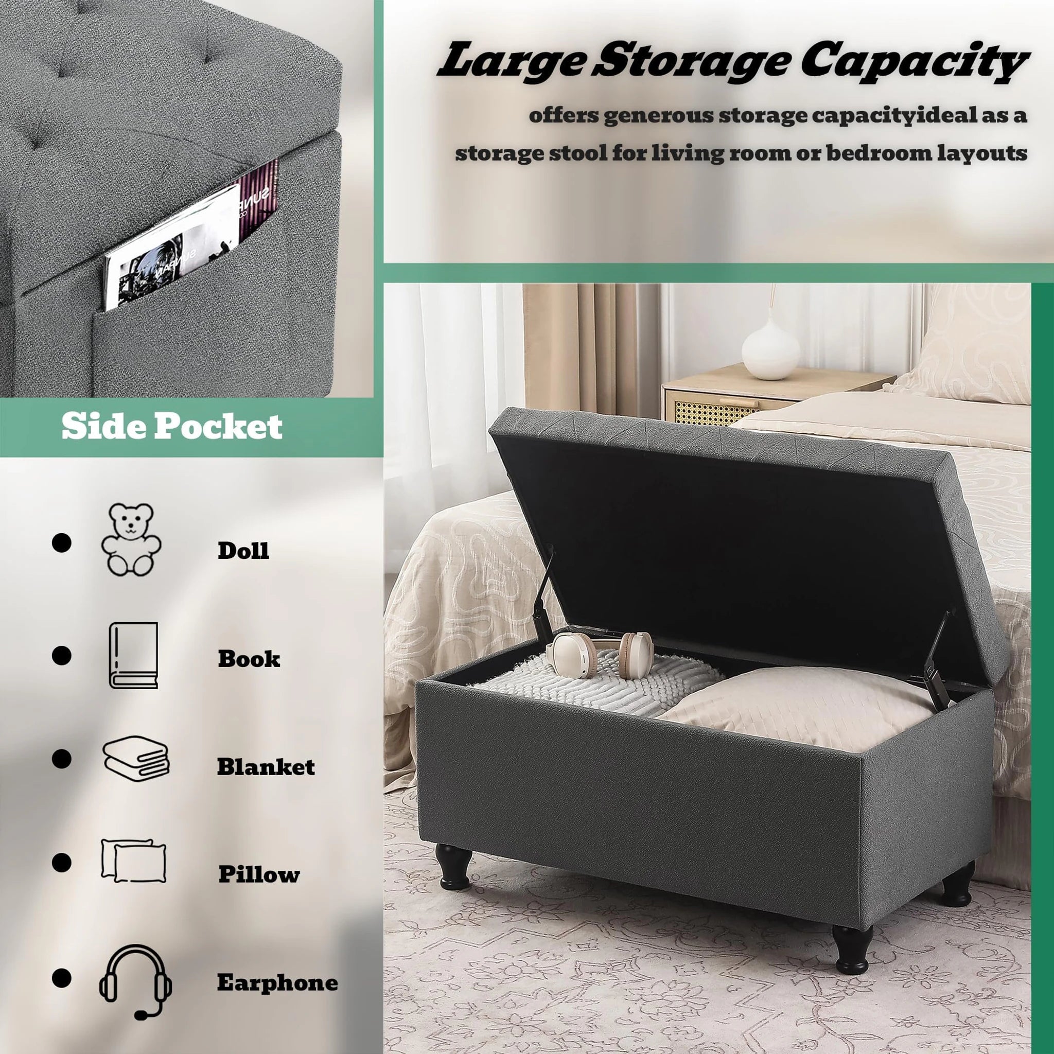 Deco Grey Fabric Storage Ottoman Bench – lifestyle room view
