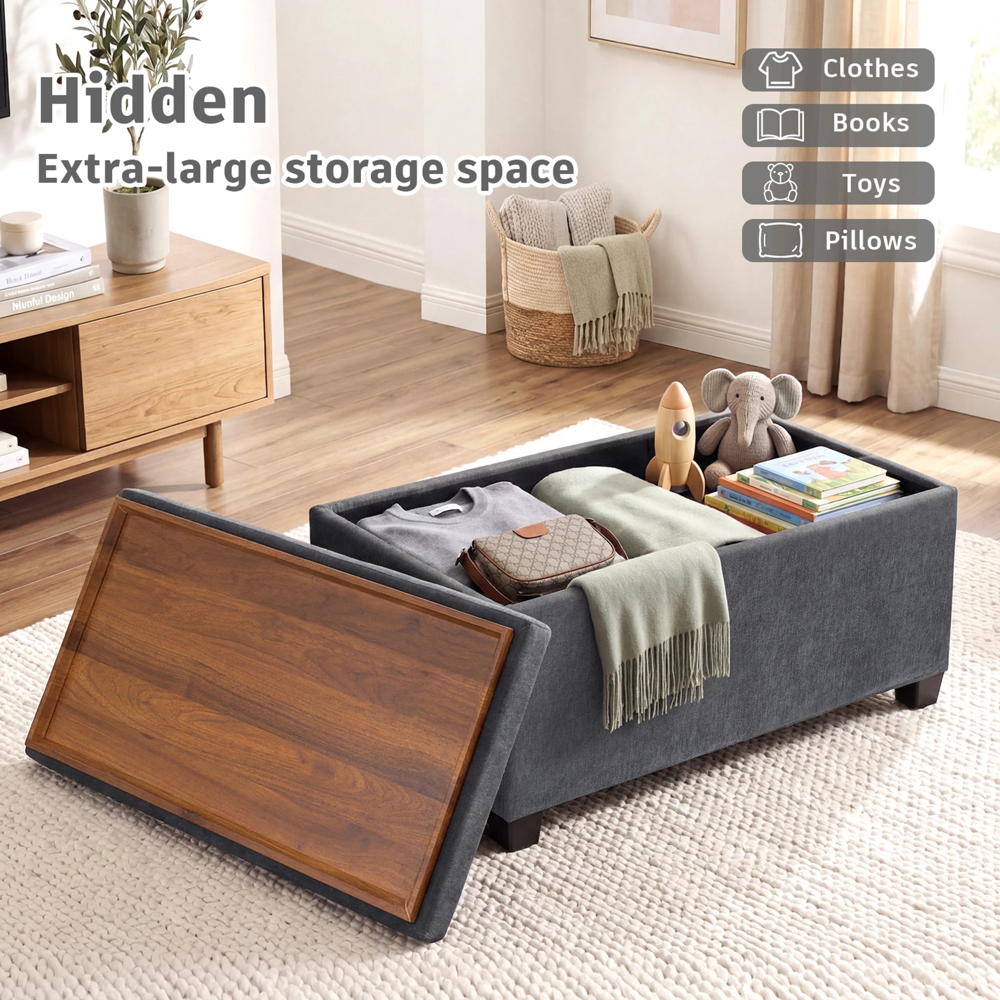 Deco Grey Tray-Top Faux Leather Storage Ottoman – styled home scene