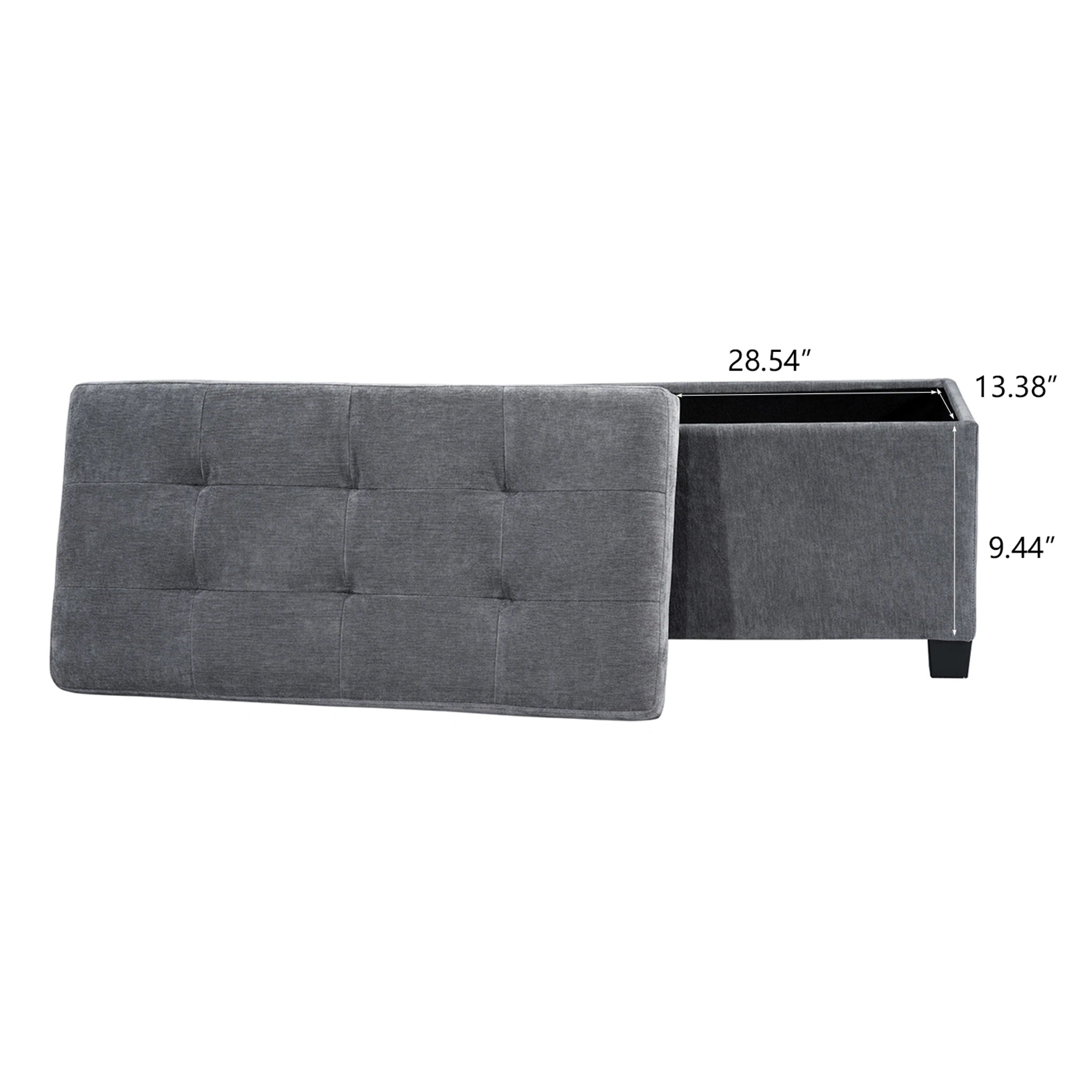 Deco Grey Tray-Top Faux Leather Storage Ottoman – dimensions chart
