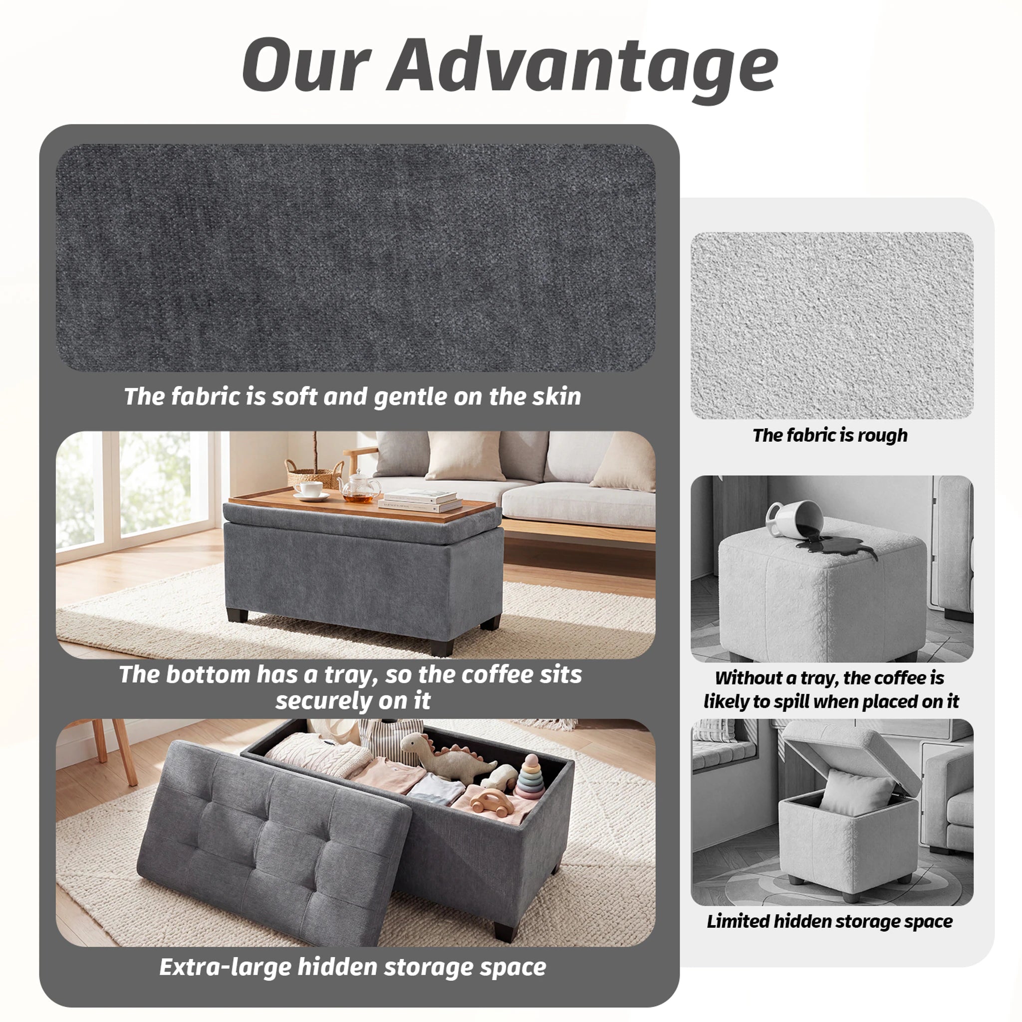 Deco Grey Tray-Top Faux Leather Storage Ottoman – product detail view