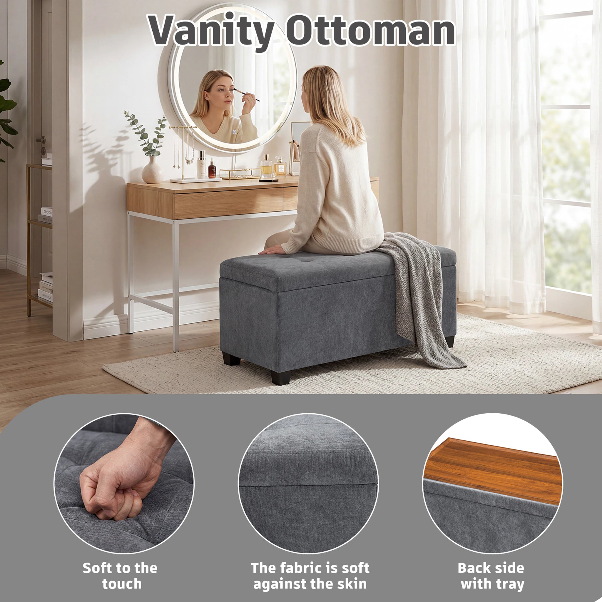 Deco Grey Tray-Top Faux Leather Storage Ottoman – lifestyle room view