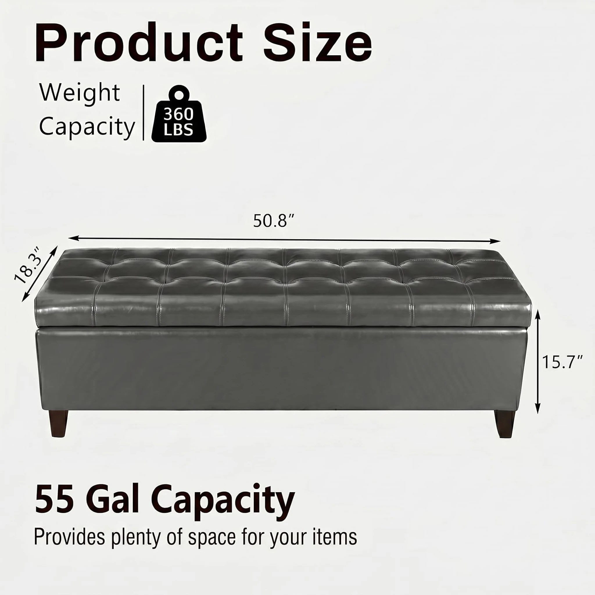 Deco Grey Tufted Faux Leather Storage Ottoman Bench – dimensions chart