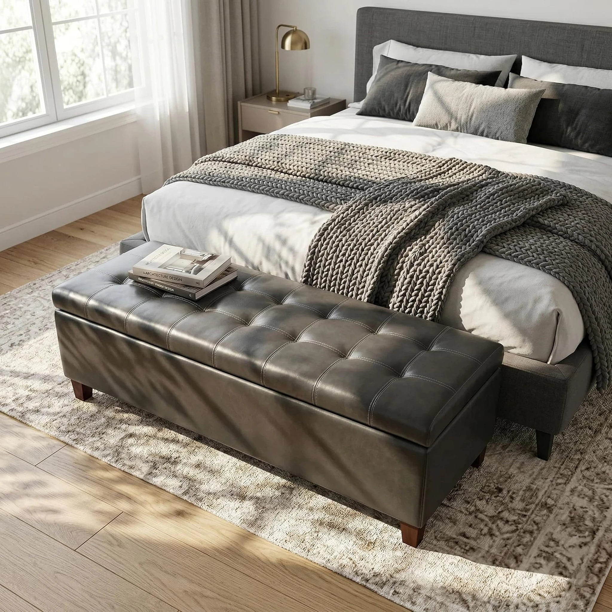 Deco Grey Tufted Faux Leather Storage Ottoman Bench – lifestyle room view