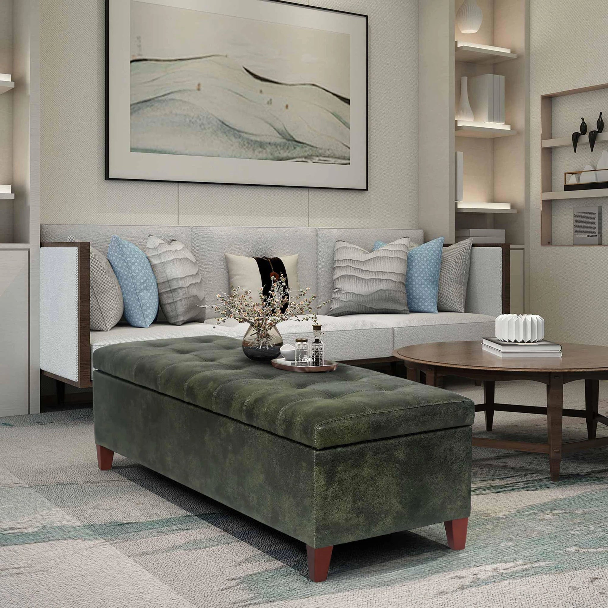 Deco Ink Green Tufted Faux Leather Storage Ottoman Bench – lifestyle room view