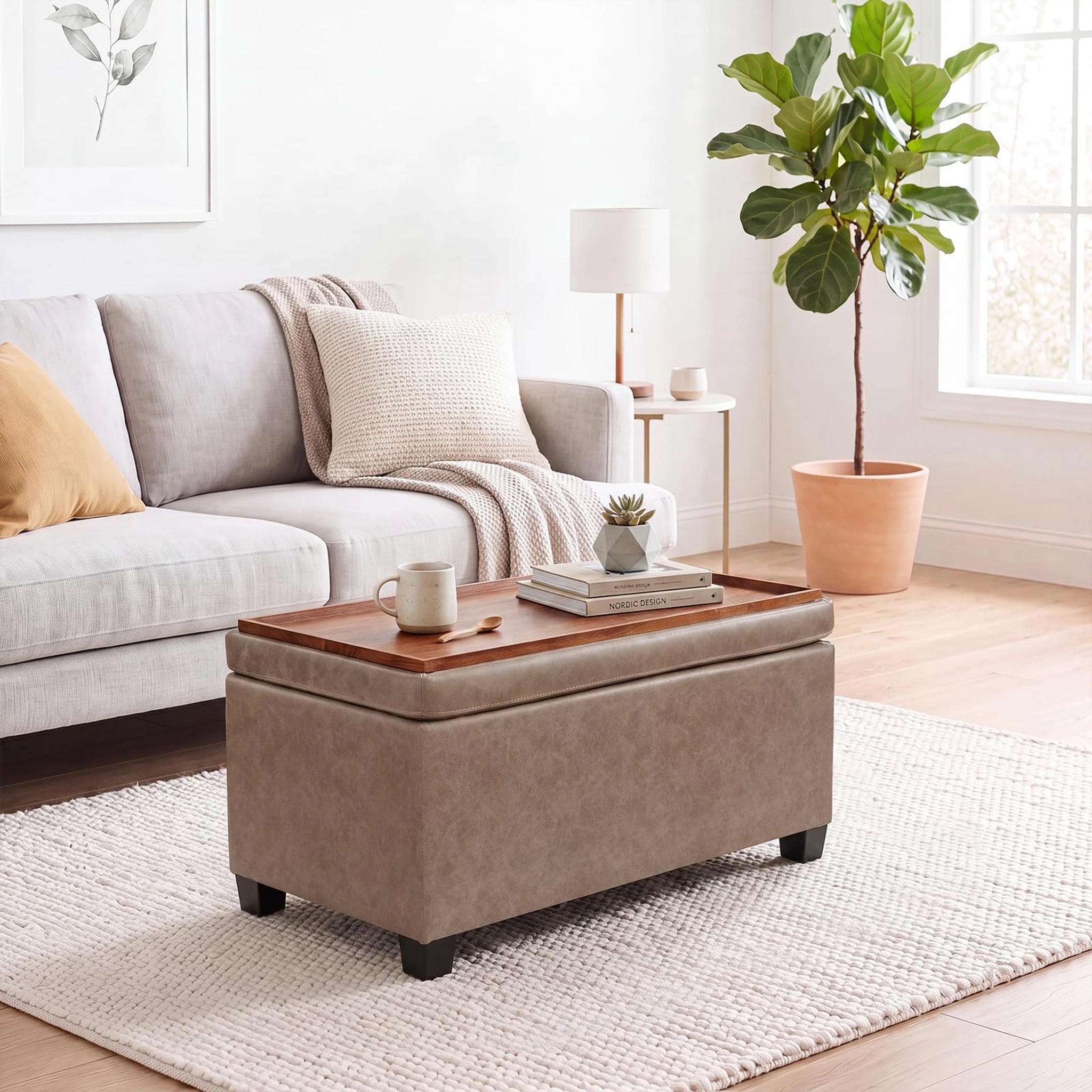 Deco Light Brown Tray-Top Faux Leather Storage Ottoman – styled home scene