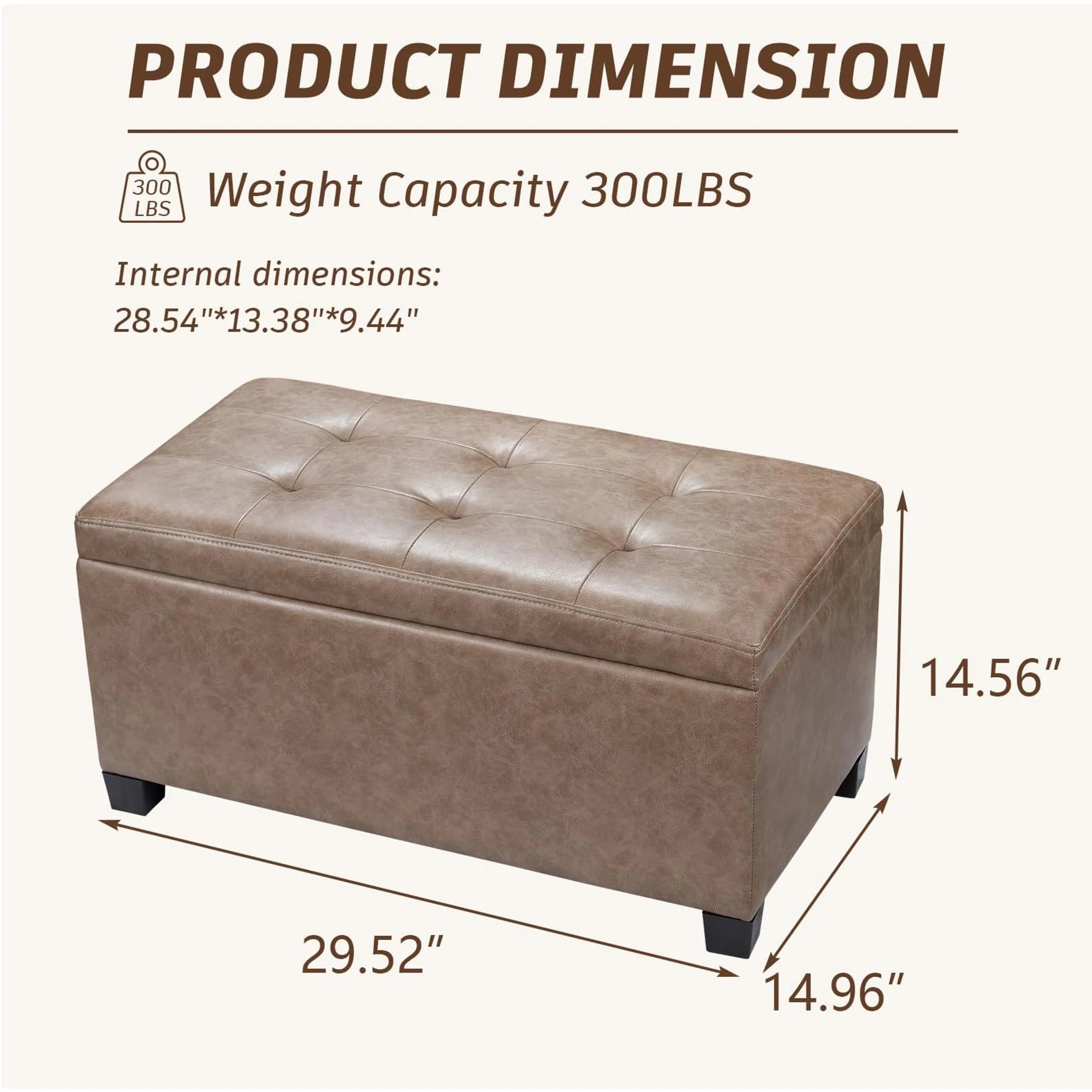 Deco Light Brown Tray-Top Faux Leather Storage Ottoman – dimensions chart