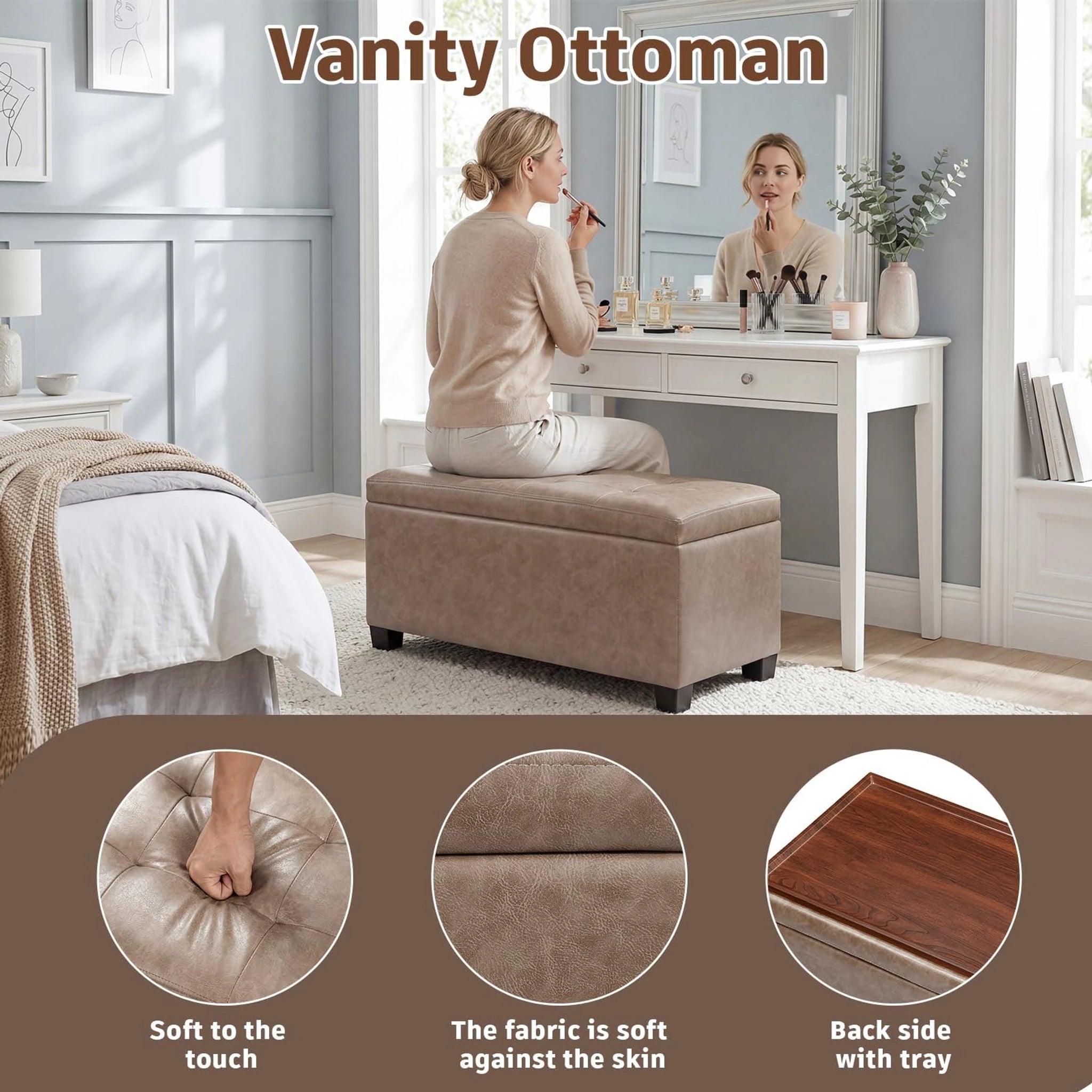 Deco Light Brown Tray-Top Faux Leather Storage Ottoman – detail and materials view