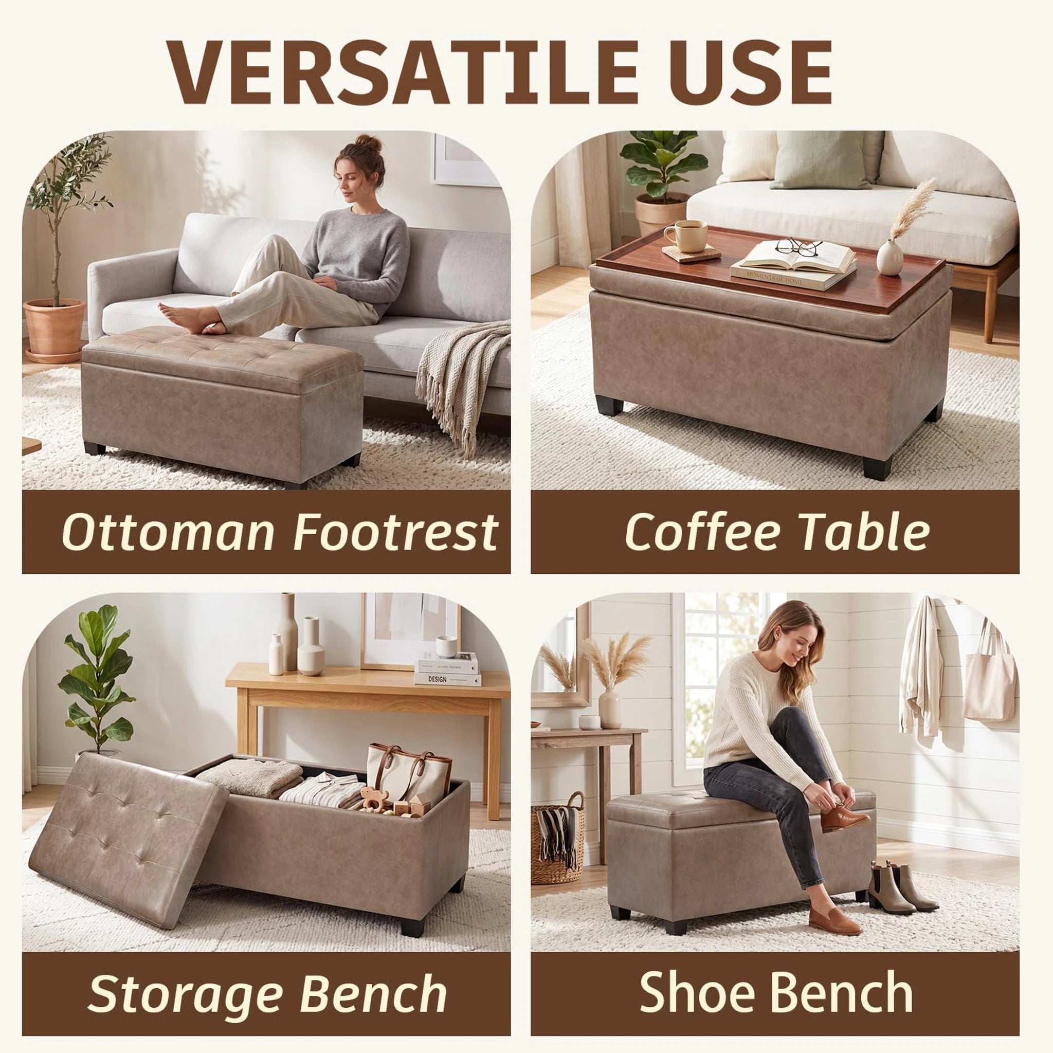 Deco Light Brown Tray-Top Faux Leather Storage Ottoman – lifestyle room view