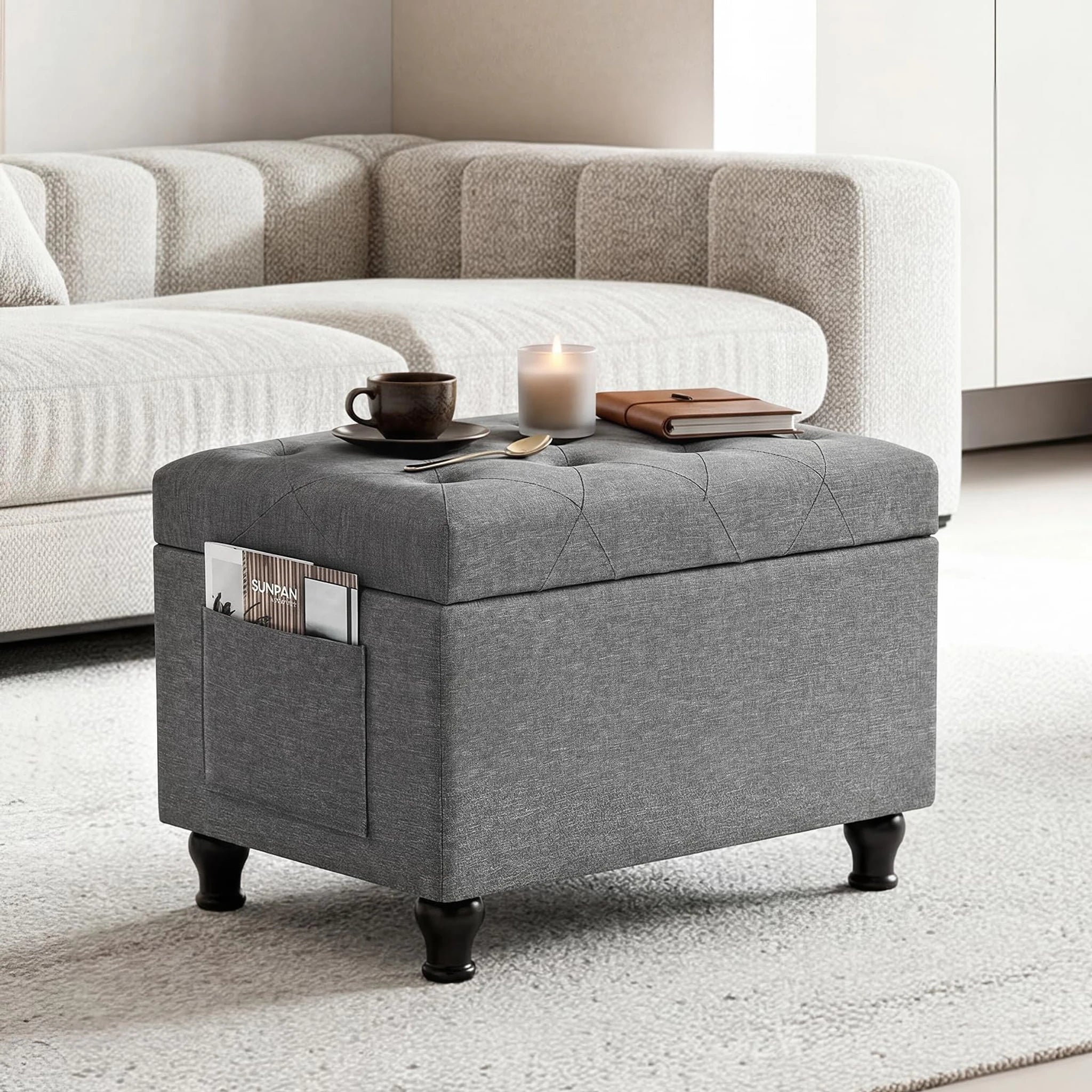 Deco Light Grey Rectangular Storage Ottoman Bench – styled home scene