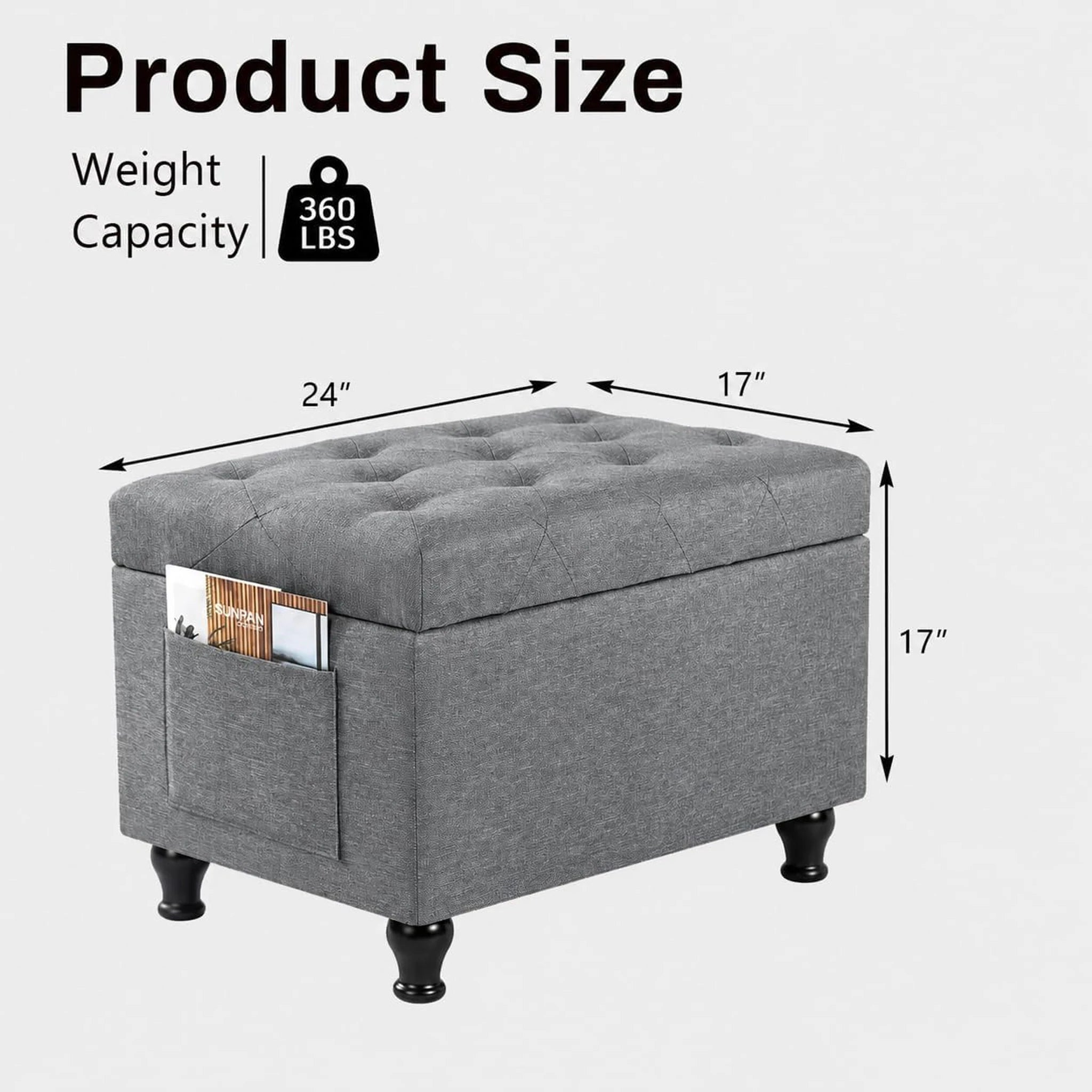 Deco Light Grey Rectangular Storage Ottoman Bench – dimensions chart