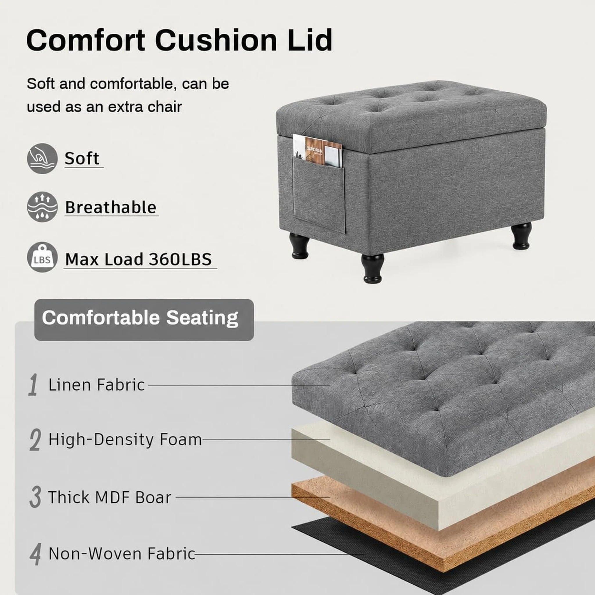 Deco Light Grey Rectangular Storage Ottoman Bench – detail and materials view