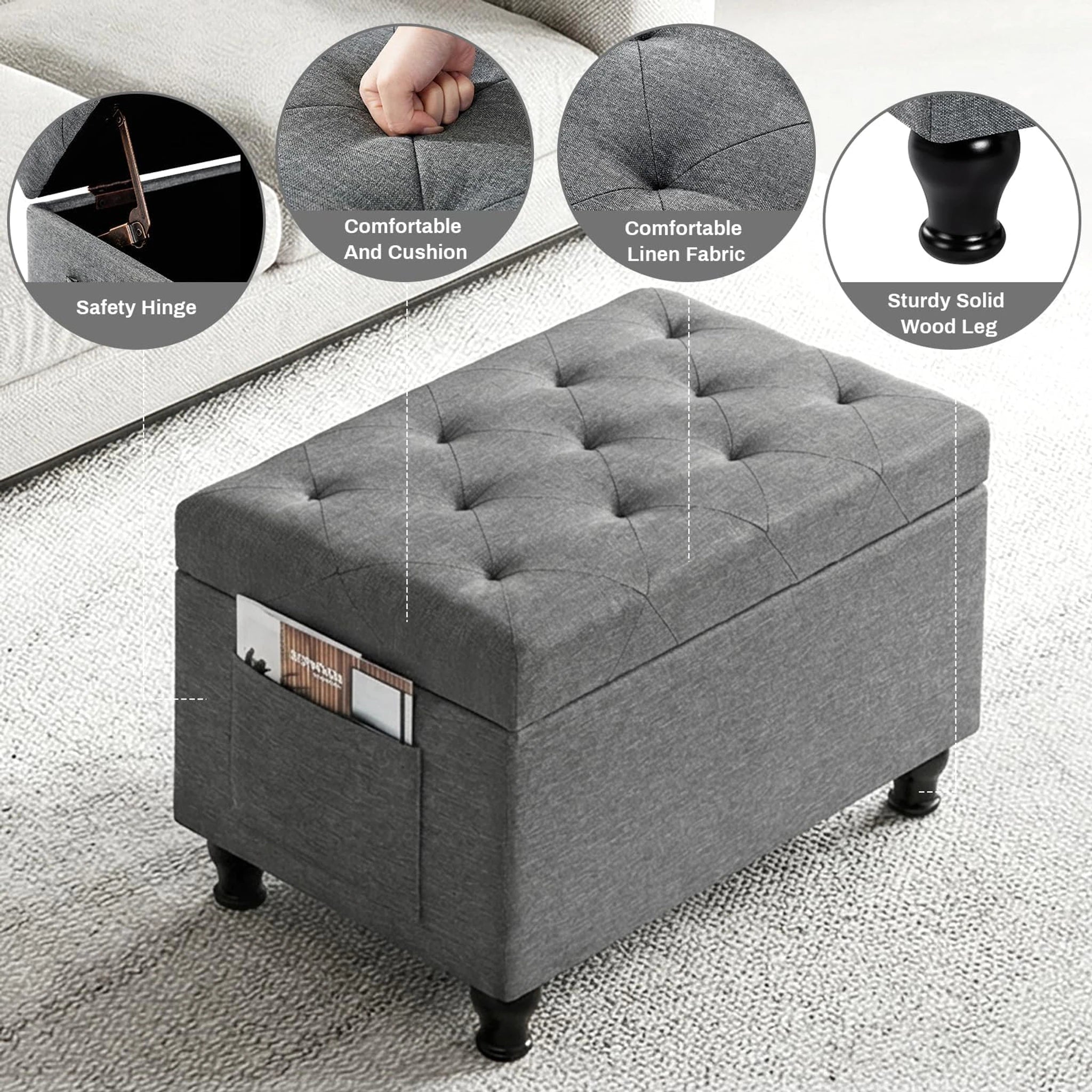 Deco Light Grey Rectangular Storage Ottoman Bench – lifestyle room view