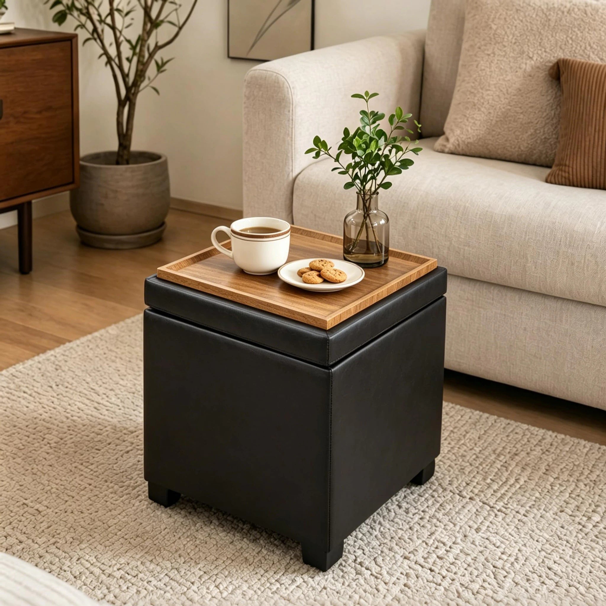 Edeco Black Square Storage Ottoman with Tray Lid – styled home scene