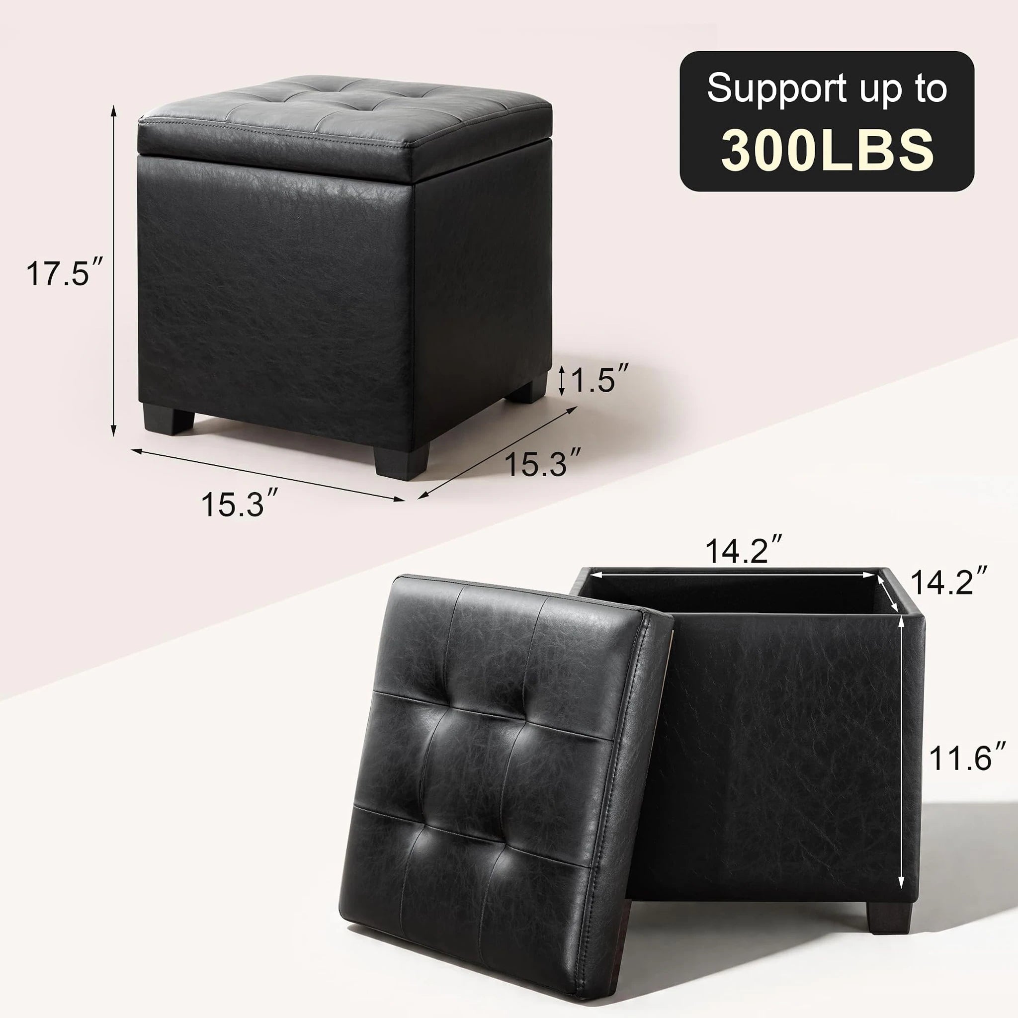 Edeco Black Square Storage Ottoman with Tray Lid – dimensions chart