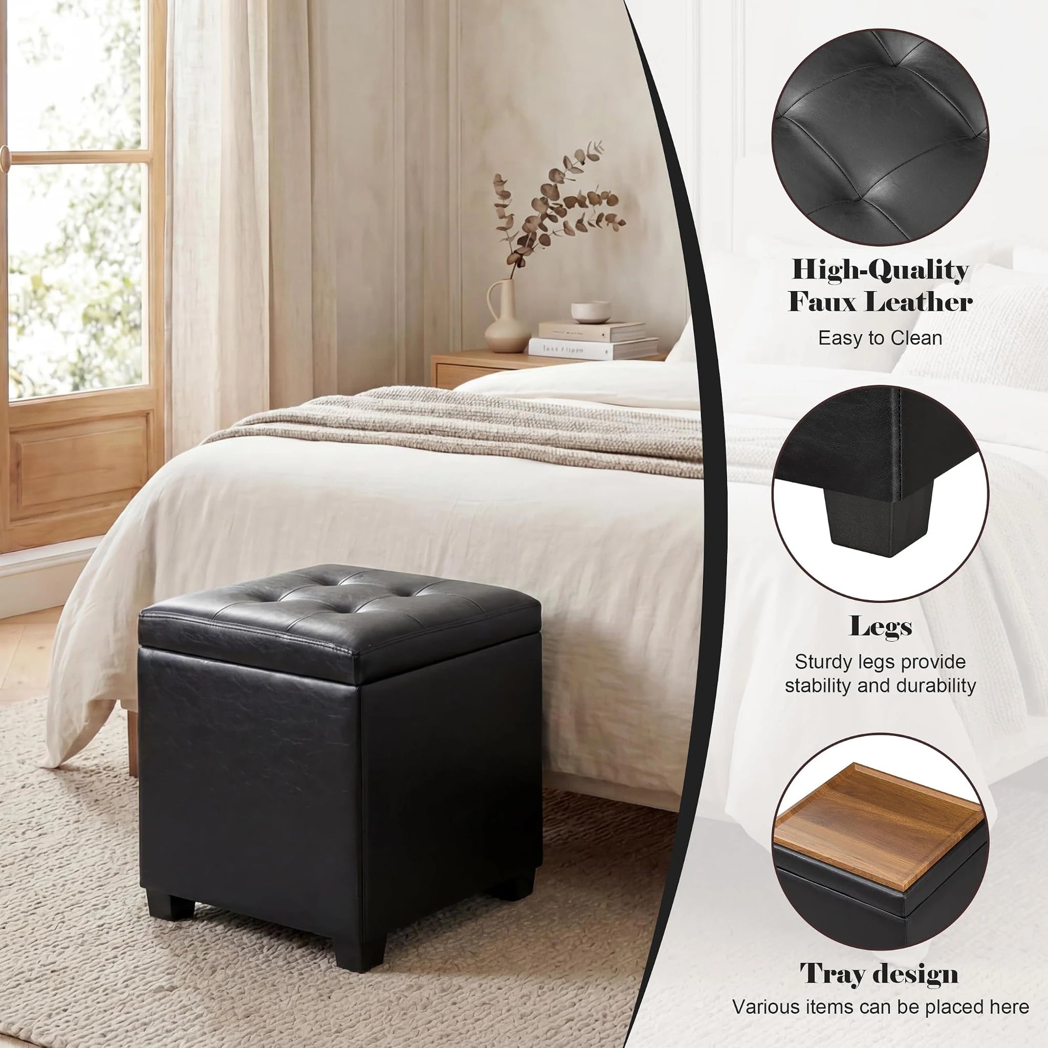 Edeco Black Square Storage Ottoman with Tray Lid – detail and materials view