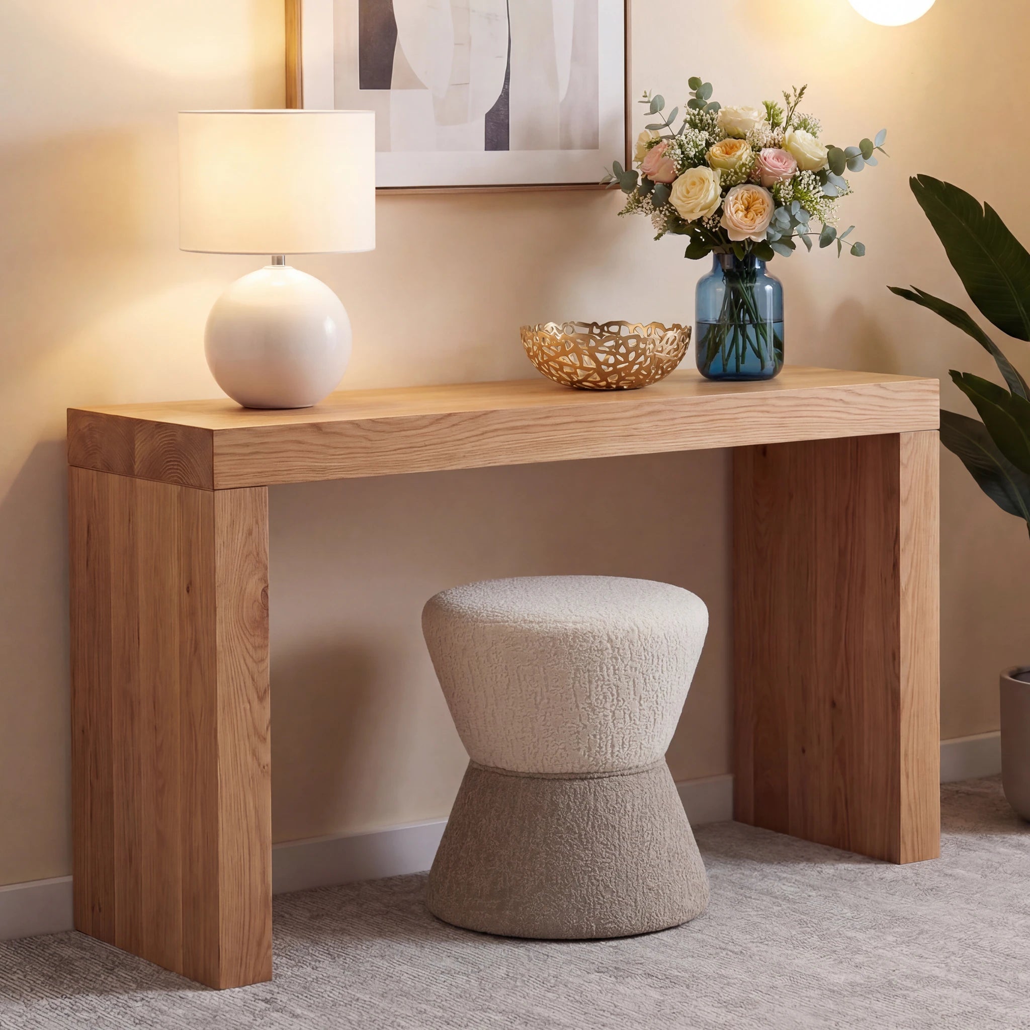 Edeco Camel Fabric Rectangular Footstool – styled home scene