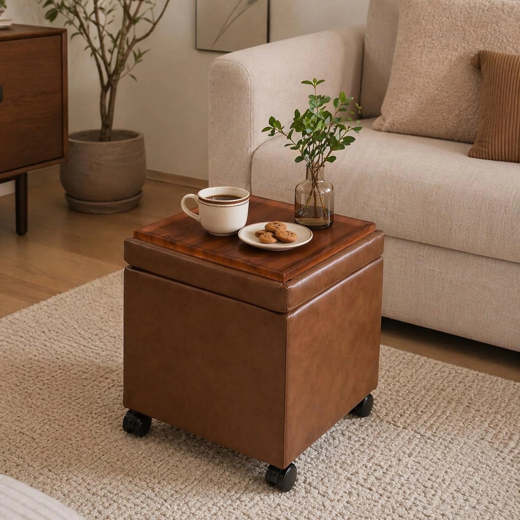 Edeco Caramel Brown Square Storage Ottoman with Tray Lid – styled home scene