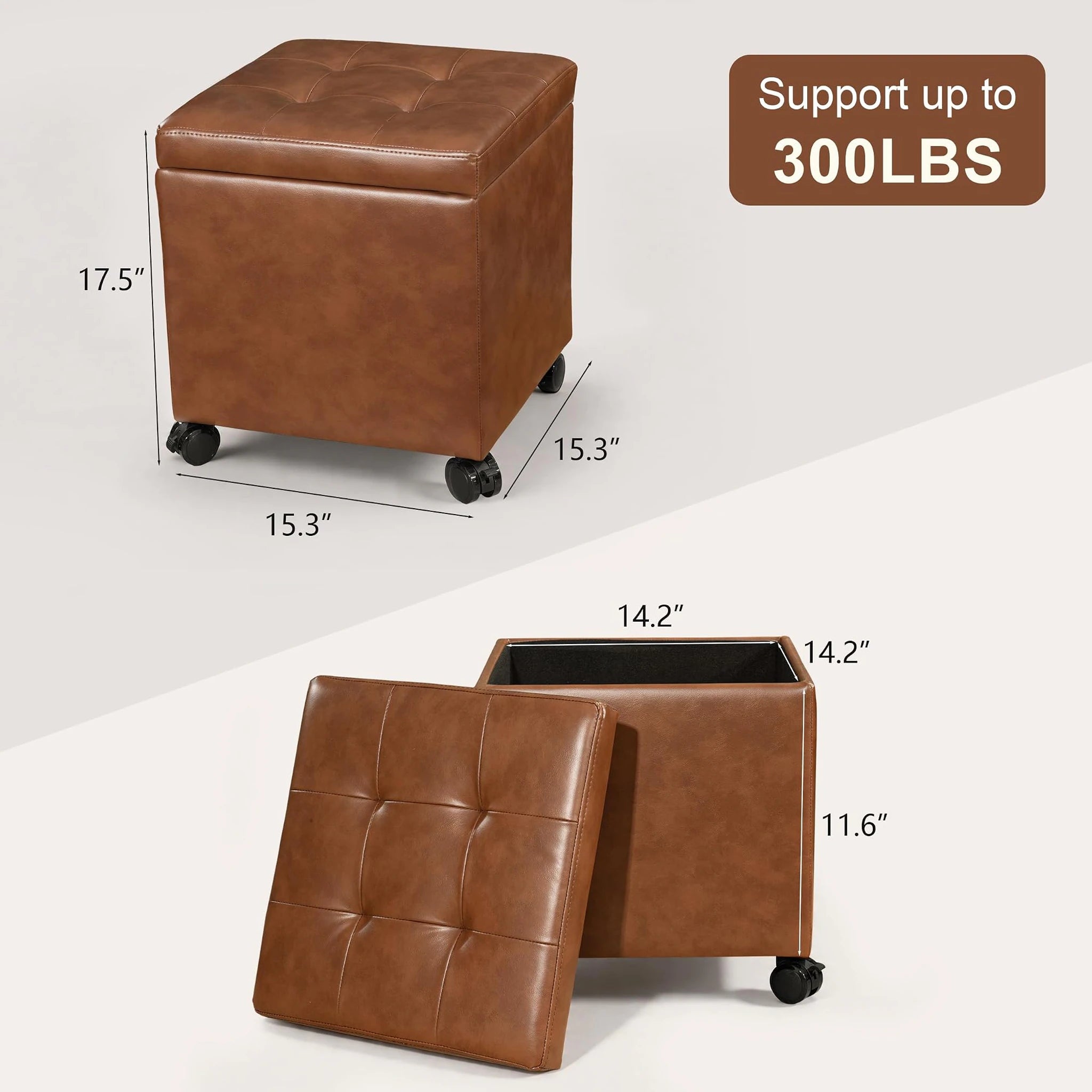 Edeco Caramel Brown Square Storage Ottoman with Tray Lid – dimensions chart