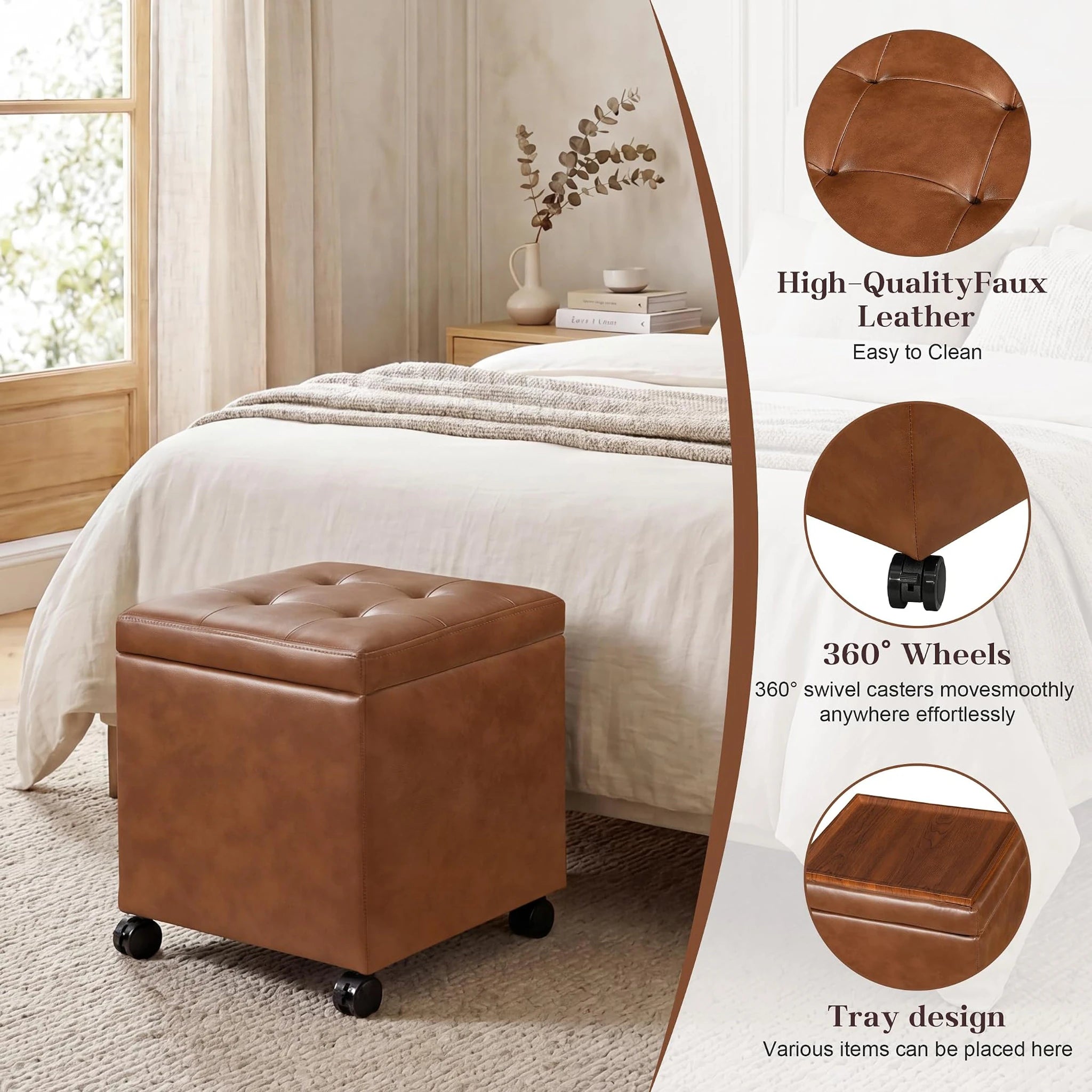Edeco Caramel Brown Square Storage Ottoman with Tray Lid – detail and materials view