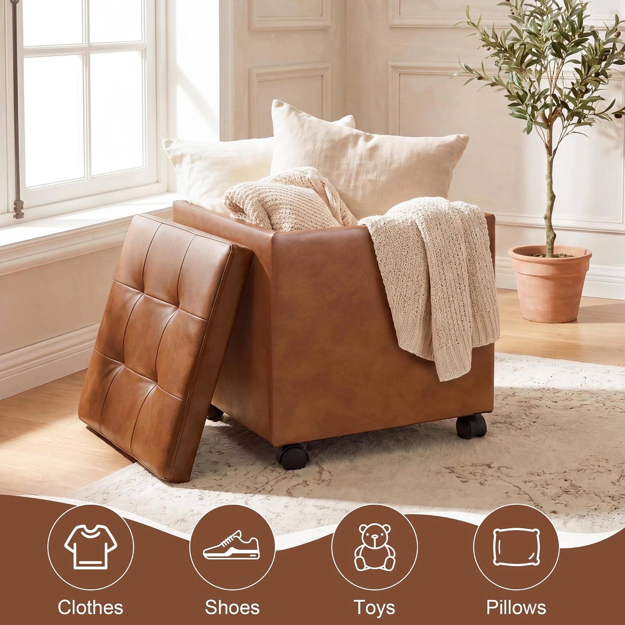 Edeco Caramel Brown Square Storage Ottoman with Tray Lid – lifestyle room view