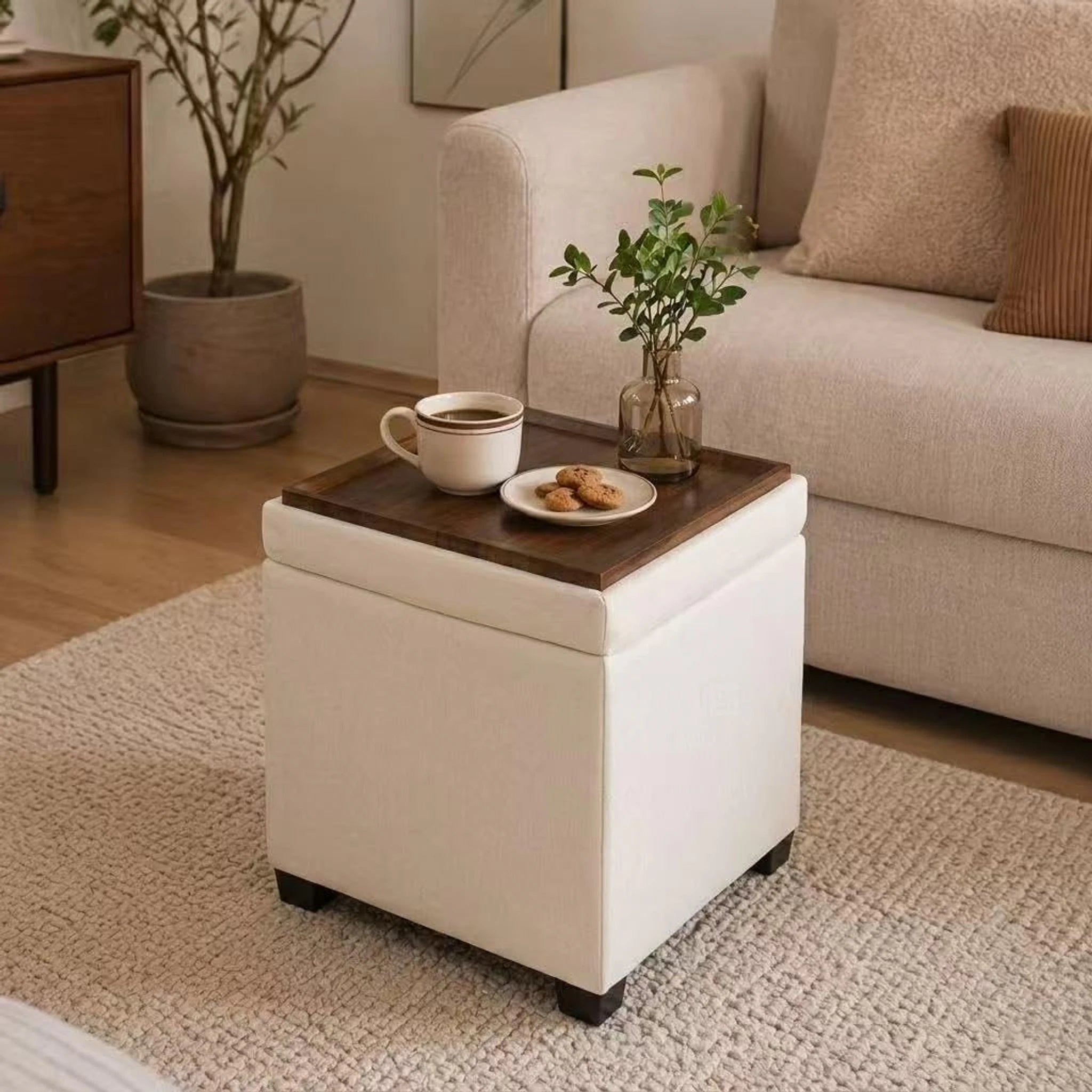 Edeco Cream White Square Storage Ottoman with Tray Lid – styled home scene