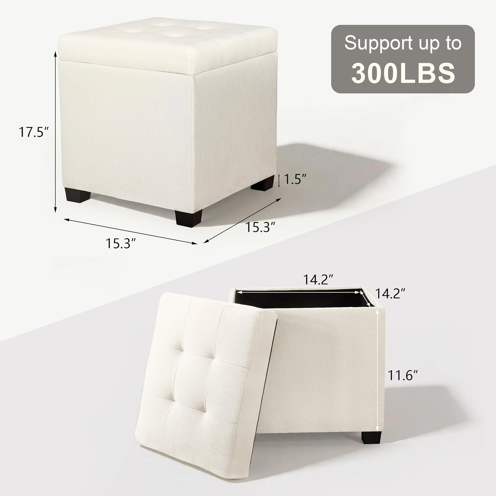 Edeco Cream White Square Storage Ottoman with Tray Lid – dimensions chart