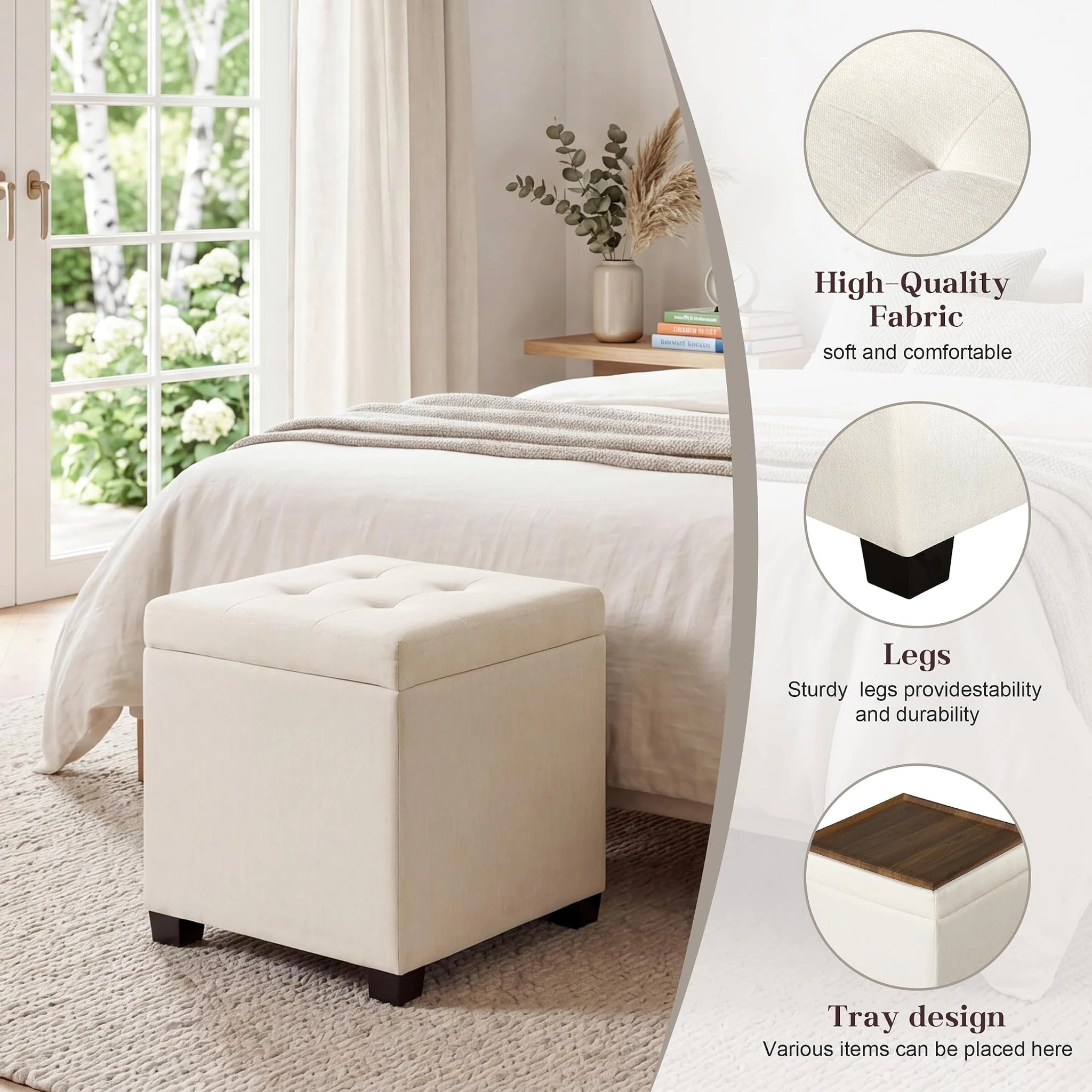 Edeco Cream White Square Storage Ottoman with Tray Lid – detail and materials view