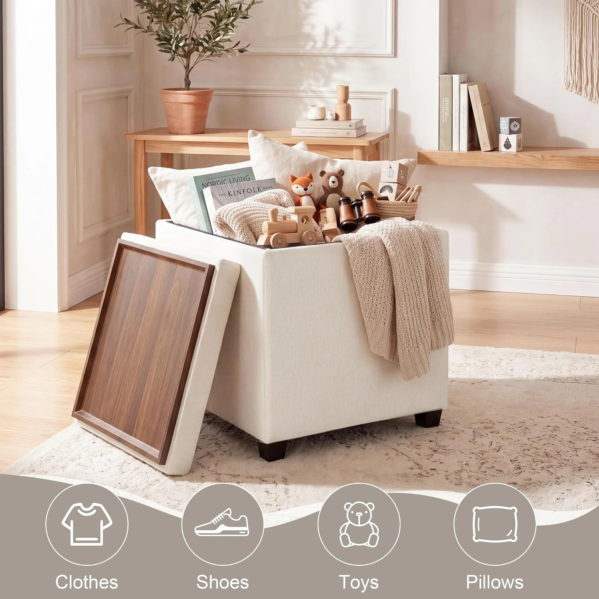 Edeco Cream White Square Storage Ottoman with Tray Lid – lifestyle room view