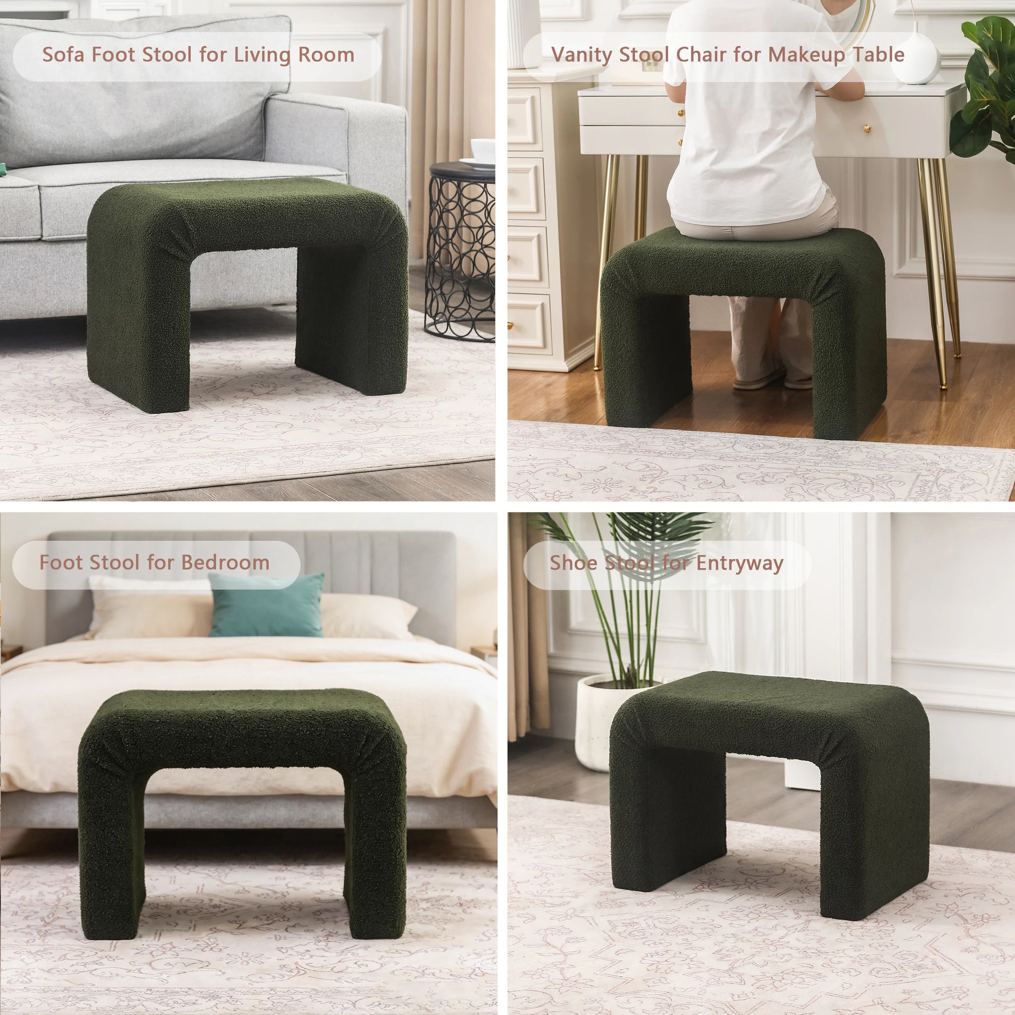 Edeco Dark Green Arched Boucle Ottoman Footstool – styled home scene