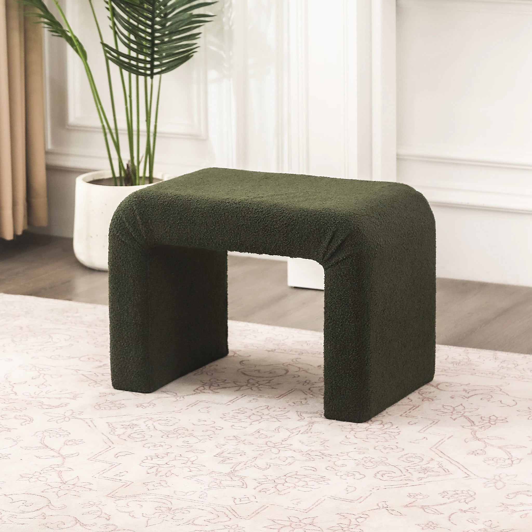 Edeco Dark Green Arched Boucle Ottoman Footstool – lifestyle room view