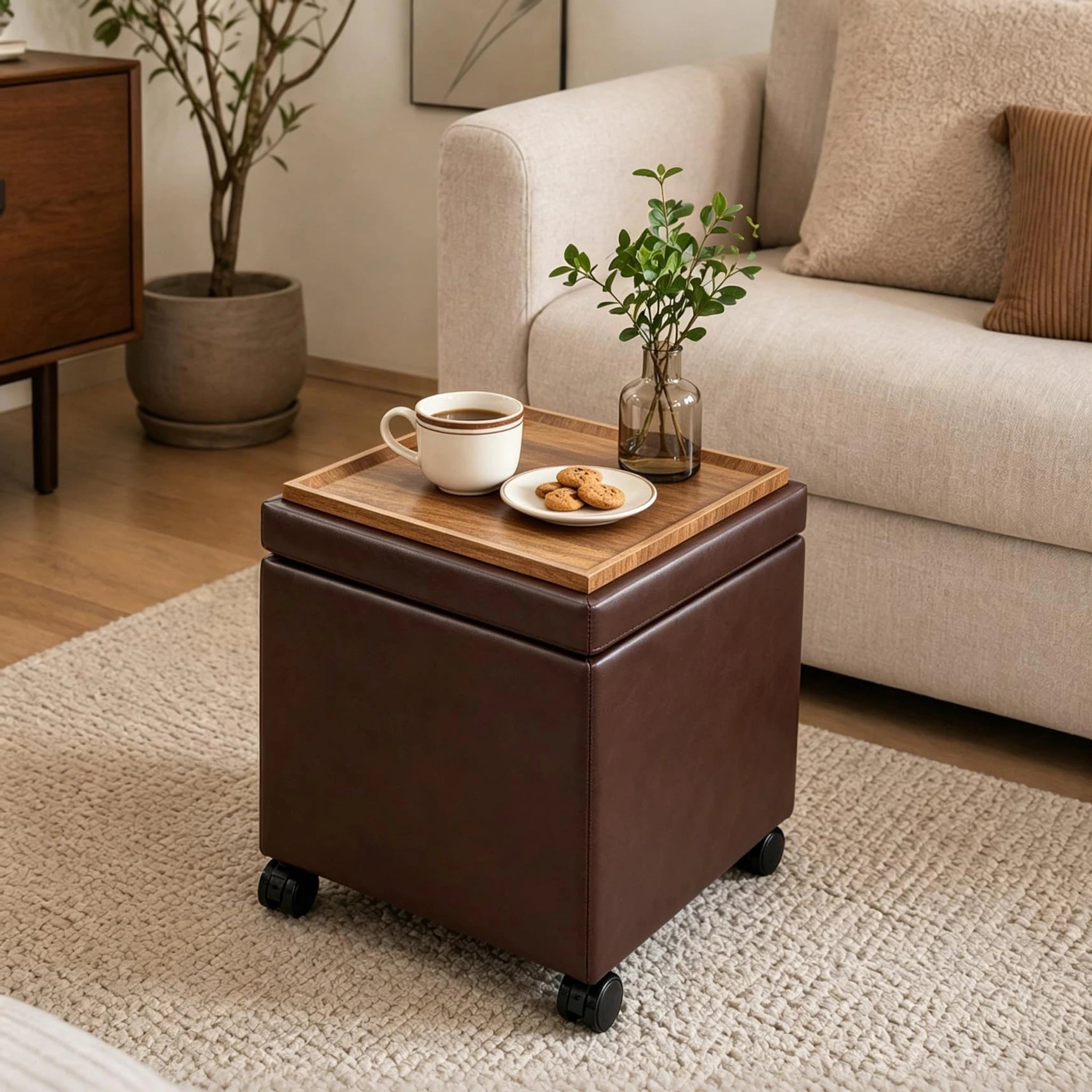 Edeco Reddish Brown Square Storage Ottoman with Tray Lid – styled home scene