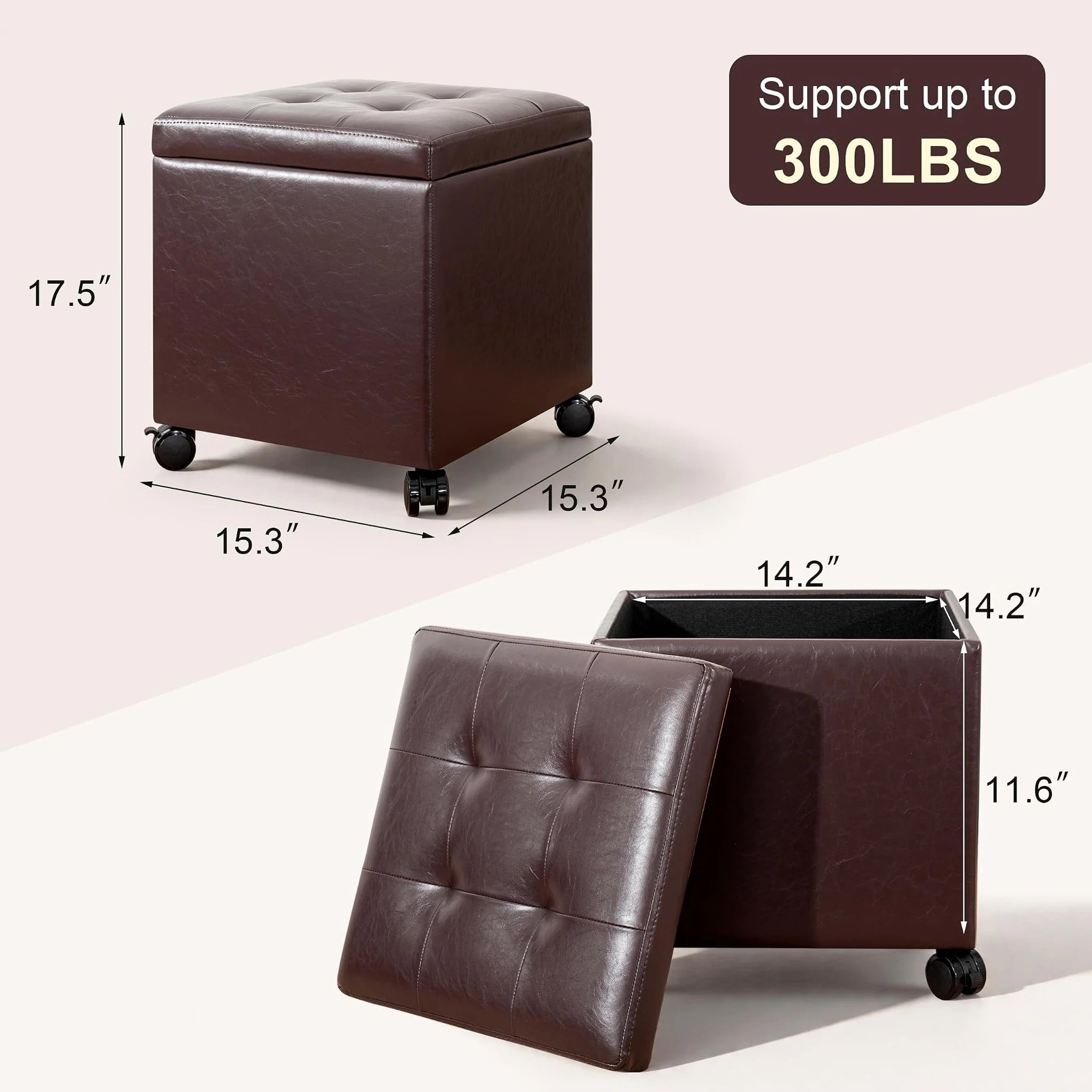 Edeco Reddish Brown Square Storage Ottoman with Tray Lid – dimensions chart