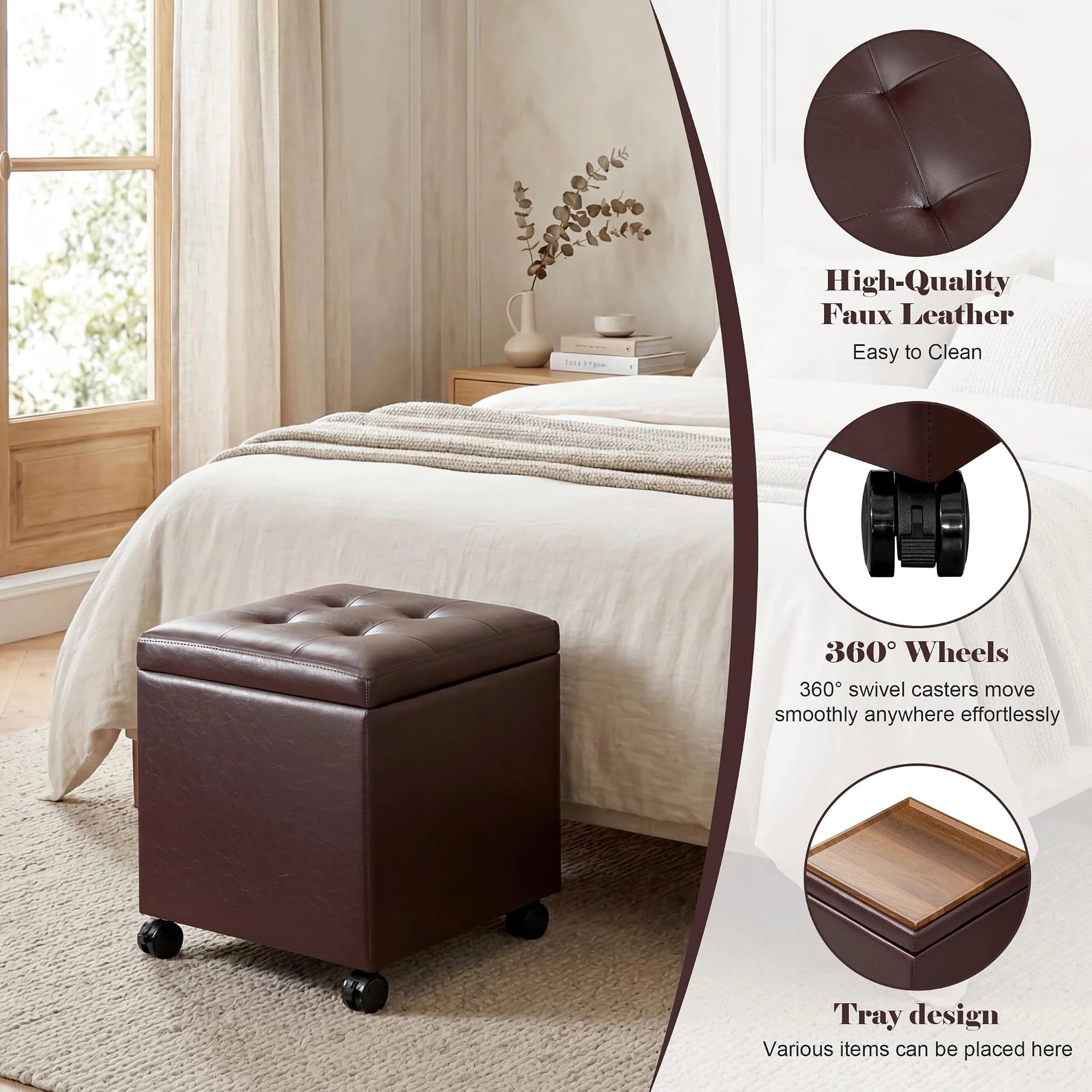 Edeco Reddish Brown Square Storage Ottoman with Tray Lid – detail and materials view