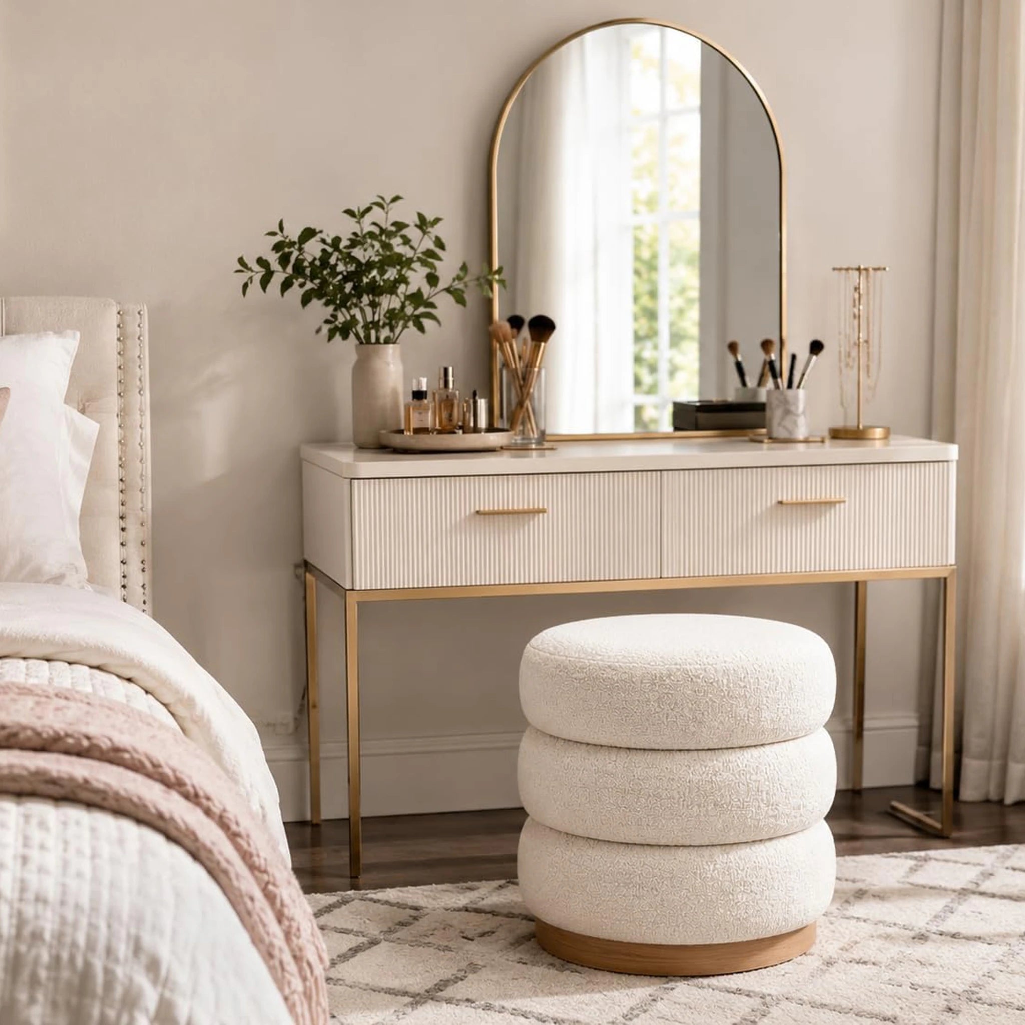Edeco White Velvet Round Pouf Ottoman – styled home scene