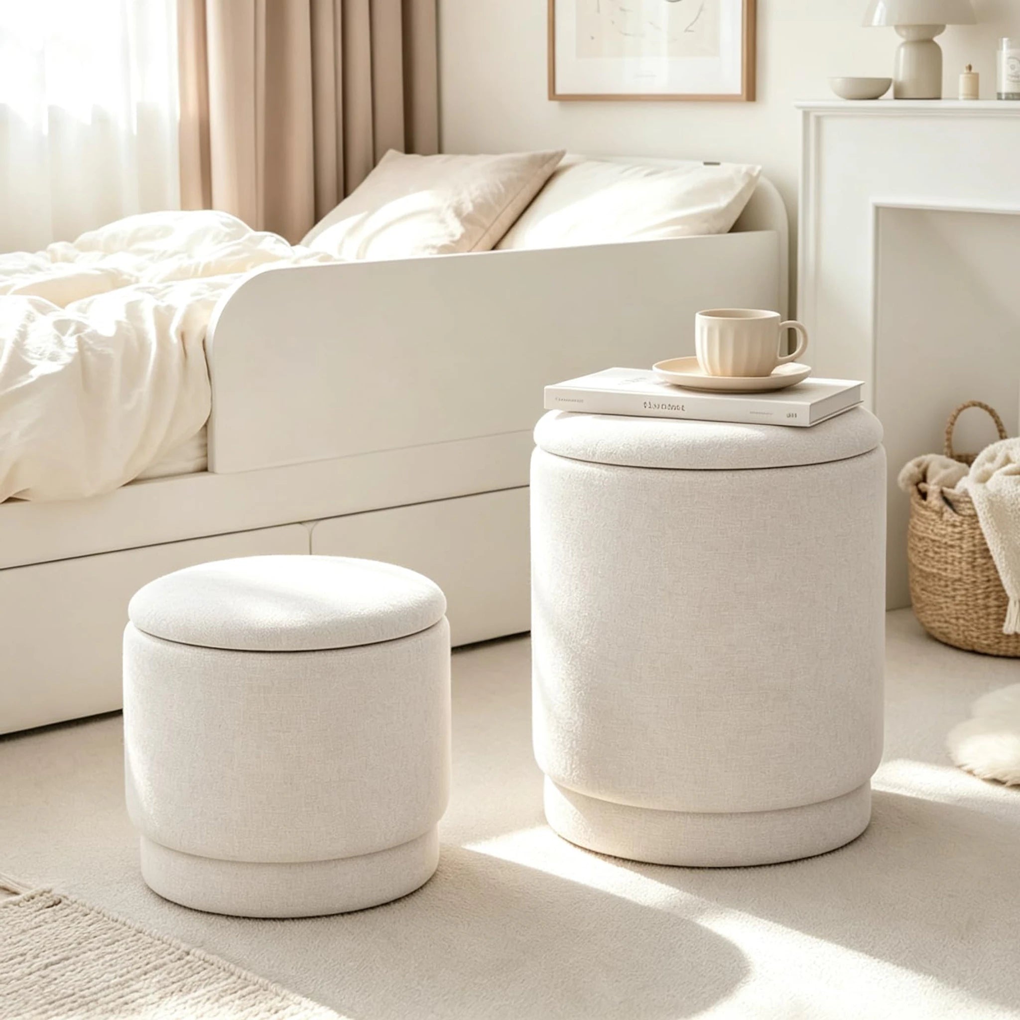 Homebeez Beige Chenille Round Storage Ottoman – styled home scene