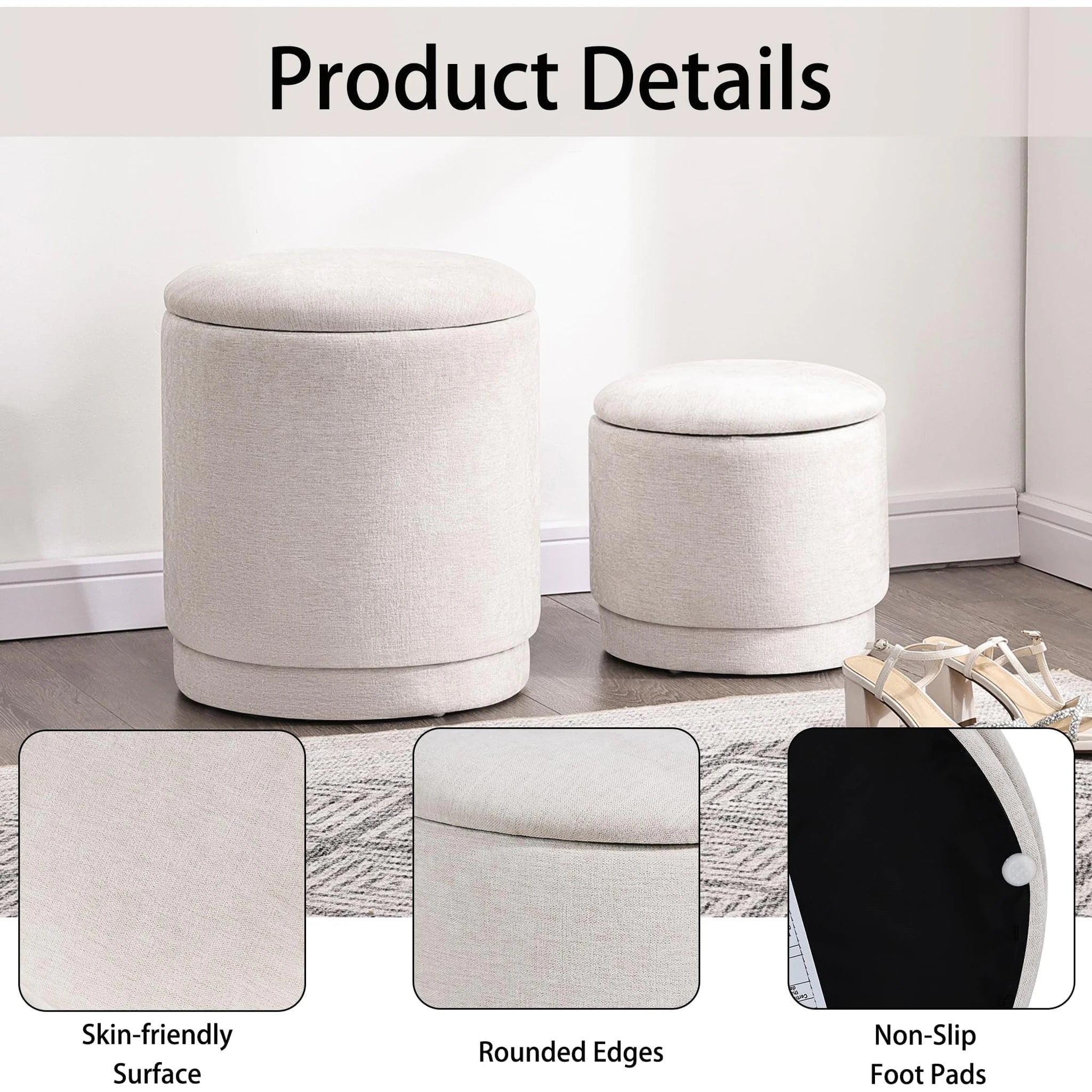 Homebeez Beige Chenille Round Storage Ottoman – detail and materials view
