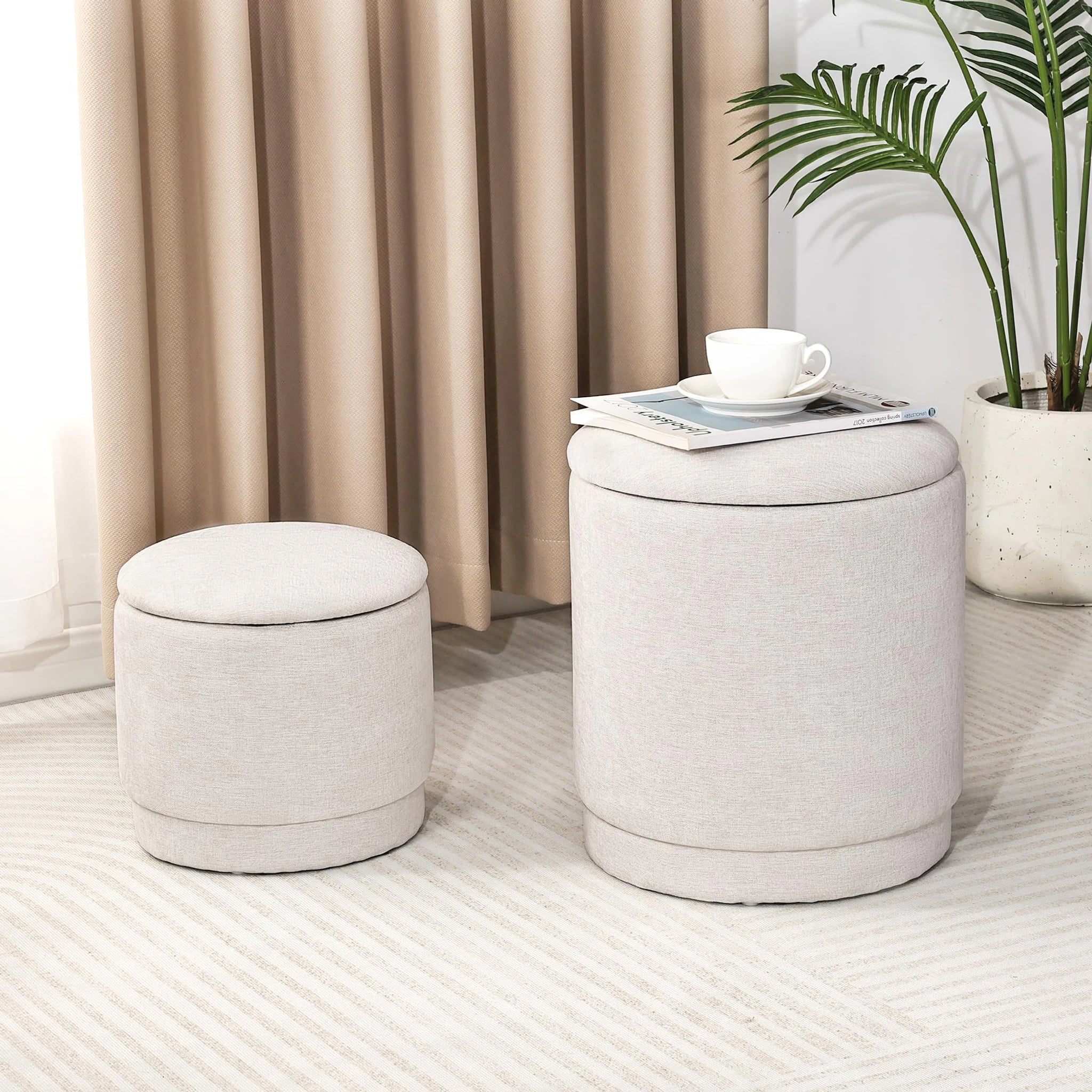 Homebeez Beige Chenille Round Storage Ottoman – lifestyle room view