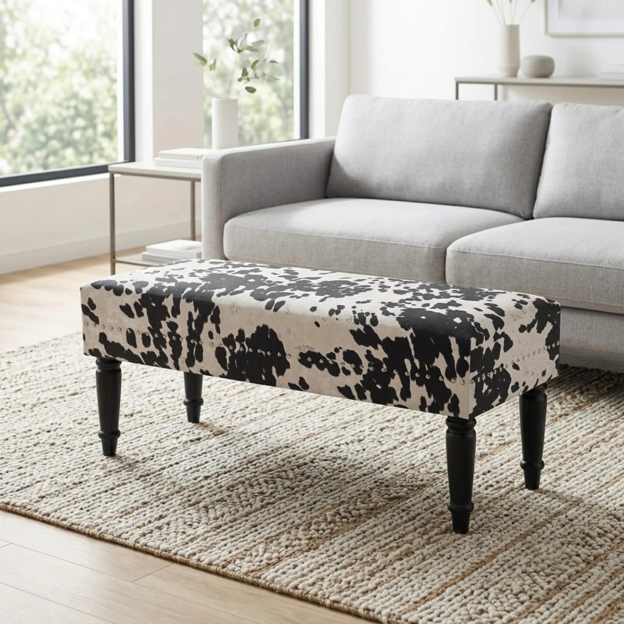 Homebeez Black Cow Velvet Upholstered Bench – styled home scene