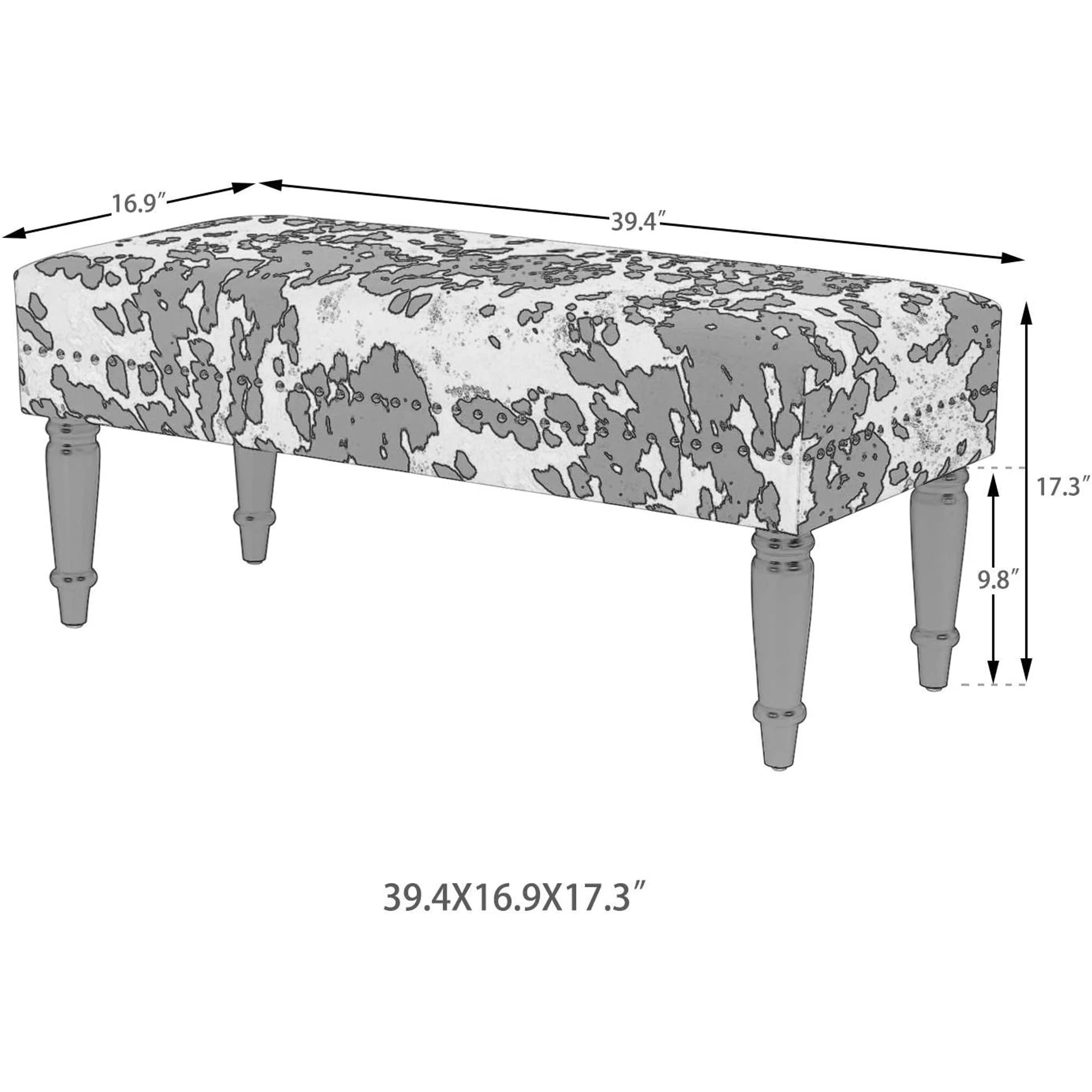 Homebeez Black Cow Velvet Upholstered Bench – dimensions chart