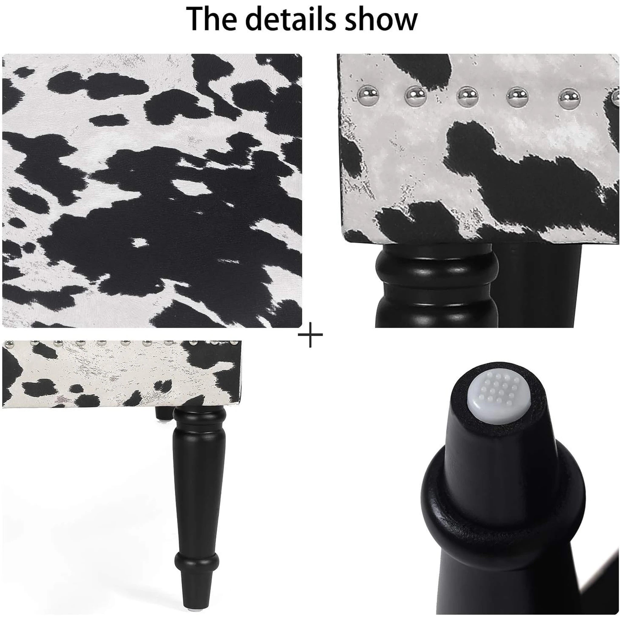 Homebeez Black Cow Velvet Upholstered Bench – detail and materials view