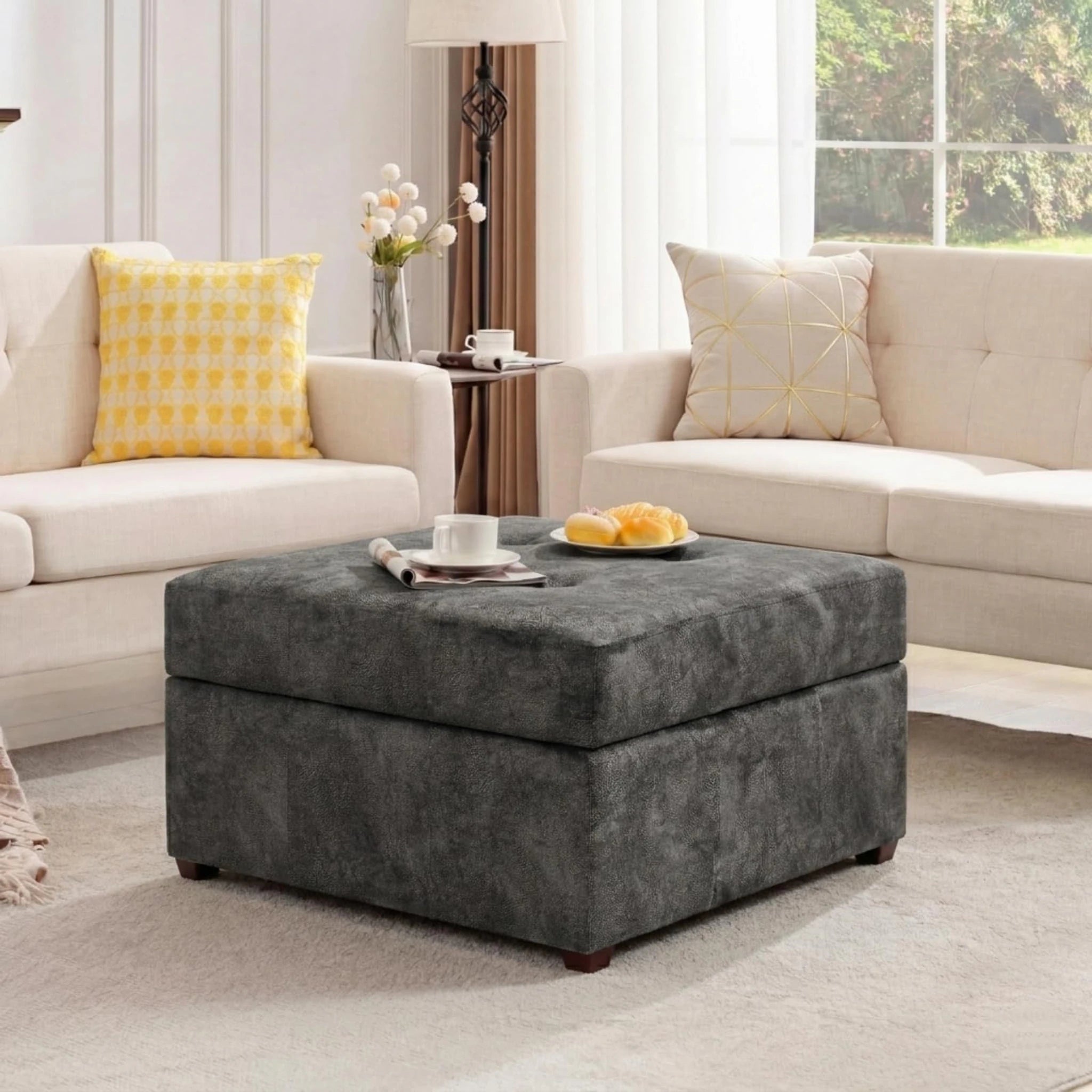 Homebeez Black Gray Tufted Faux Leather Storage Ottoman – styled home scene