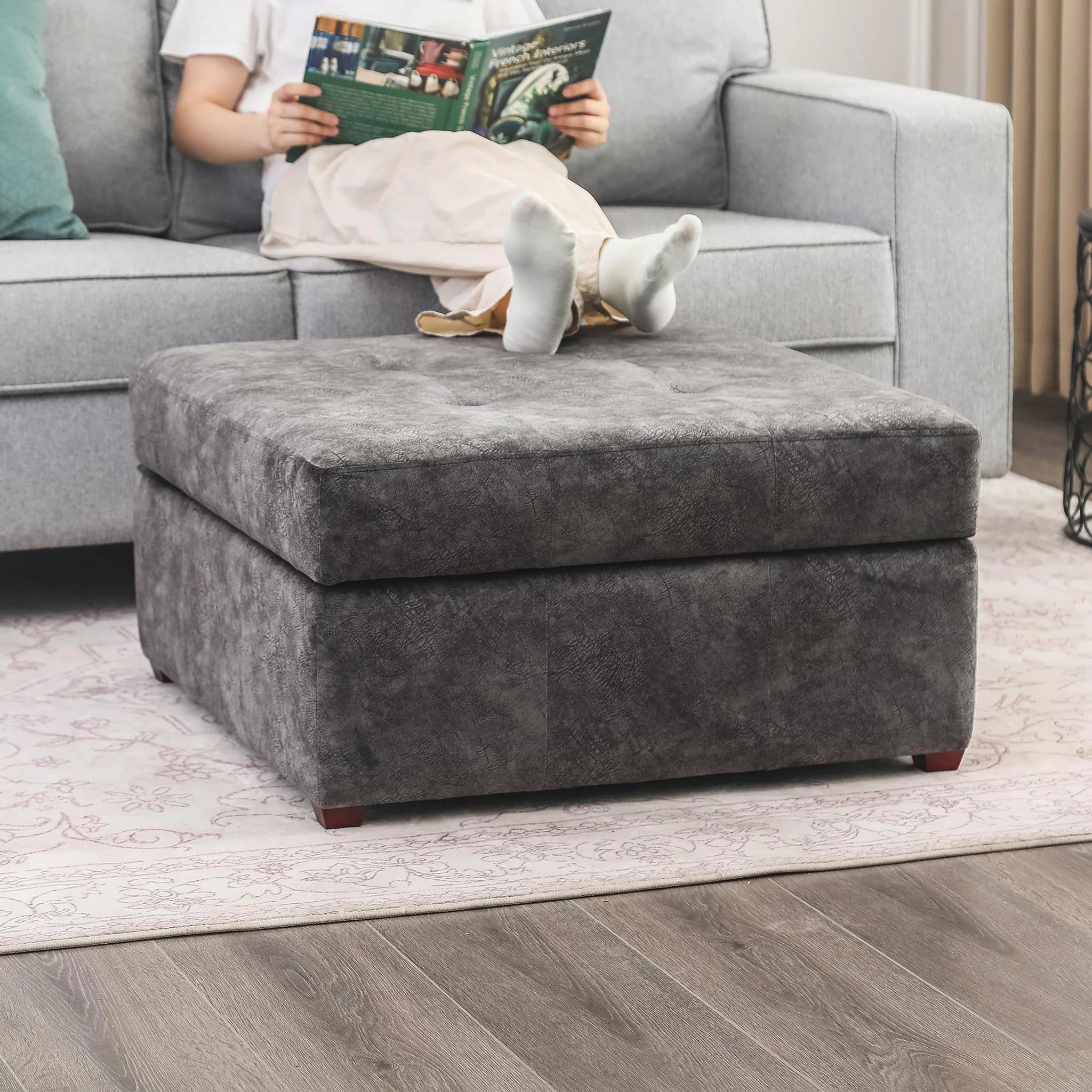 Homebeez Black Gray Tufted Faux Leather Storage Ottoman – lifestyle room view