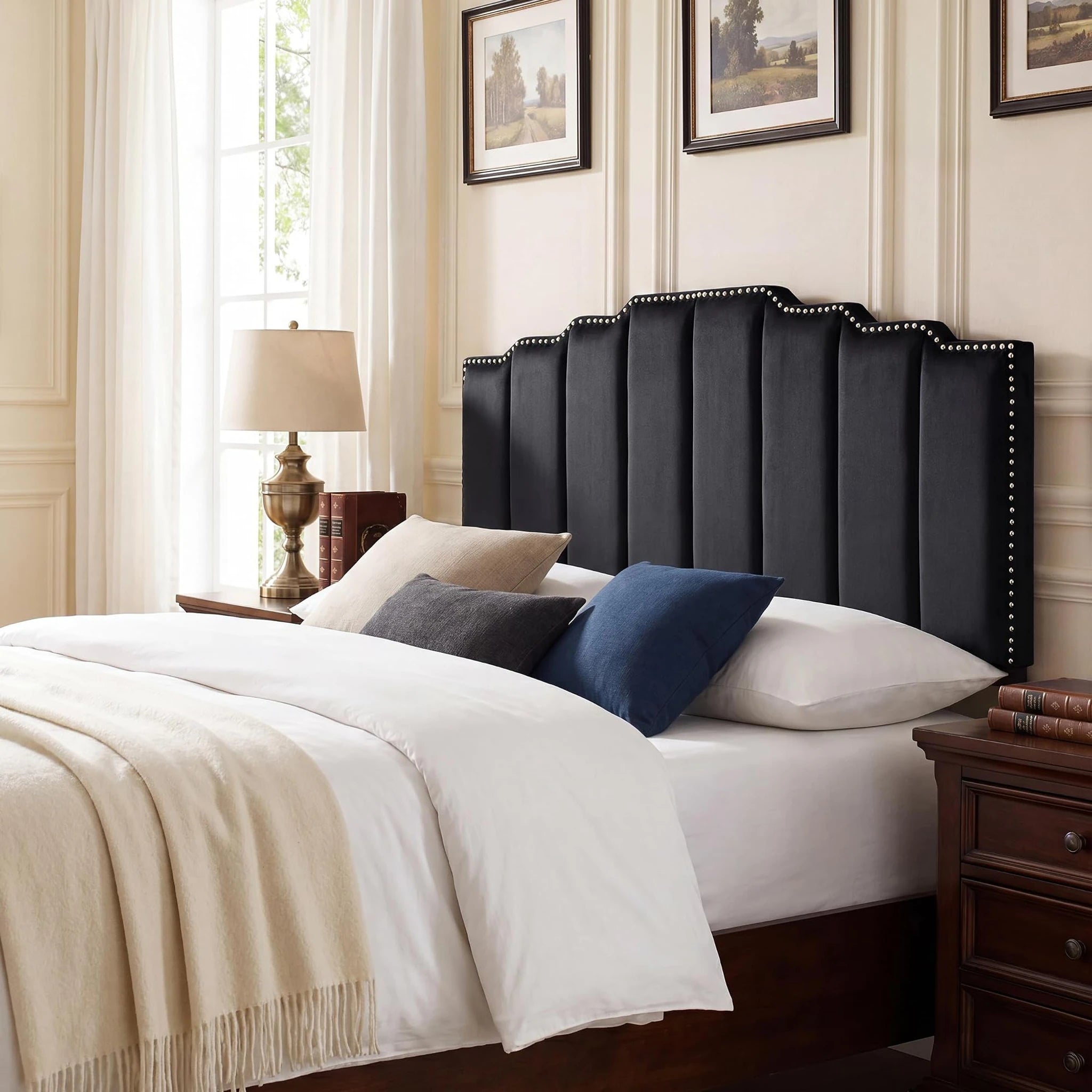 Homebeez Black King Tufted Velvet Headboard, Adjustable Height – styled home scene
