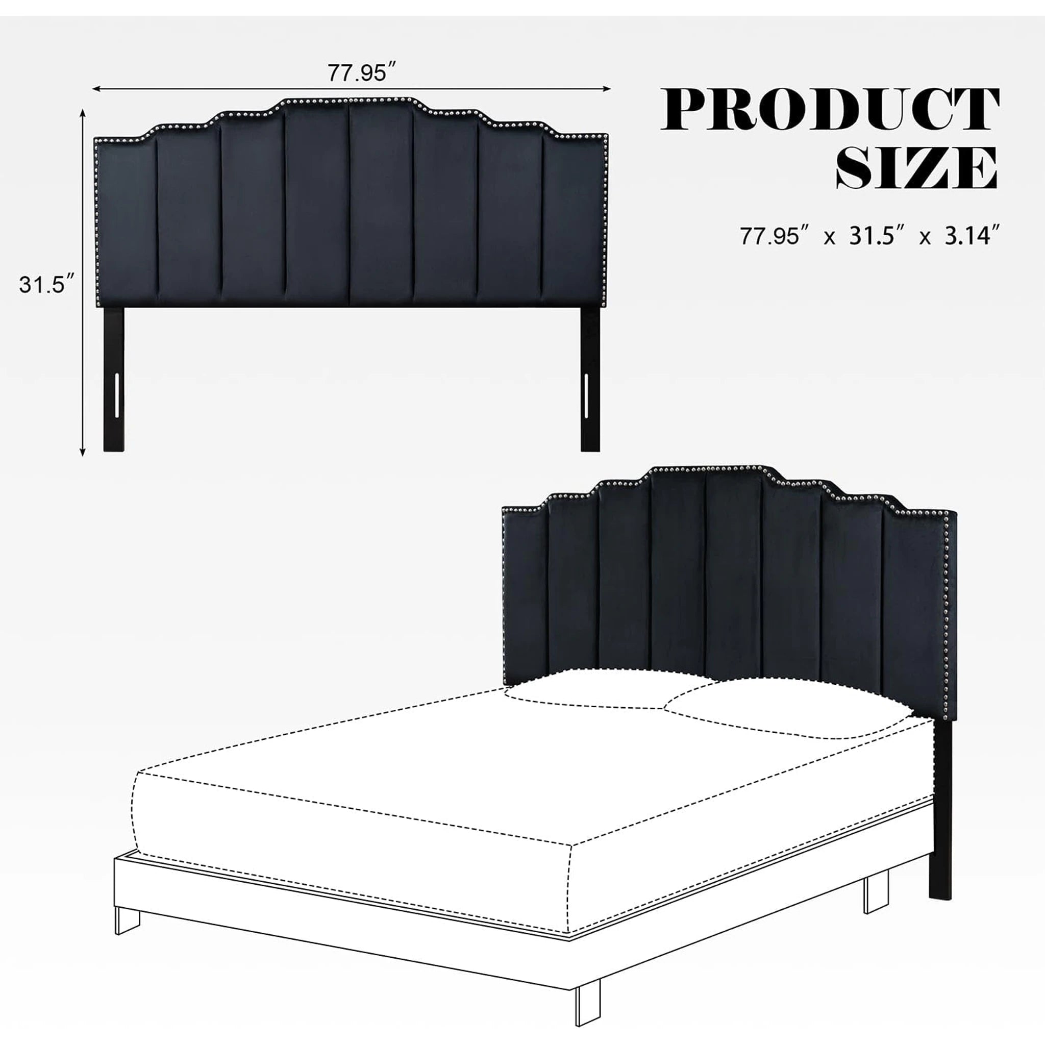 Homebeez Black King Tufted Velvet Headboard, Adjustable Height – dimensions chart