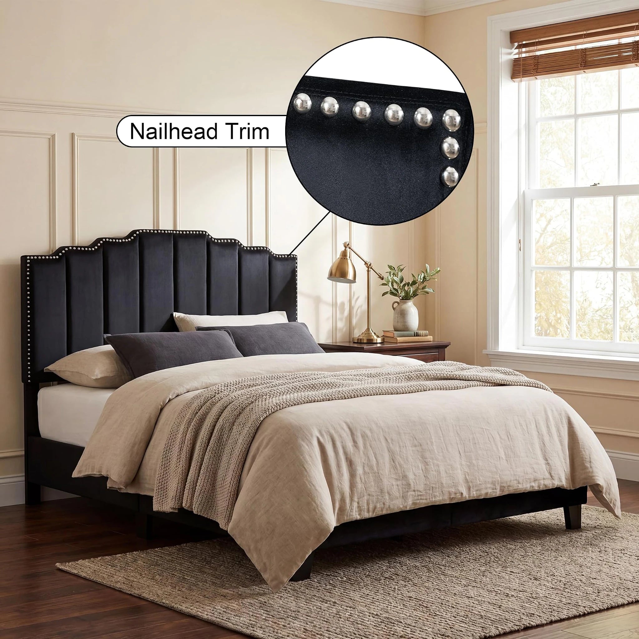 Homebeez Black King Tufted Velvet Headboard, Adjustable Height – detail and materials view
