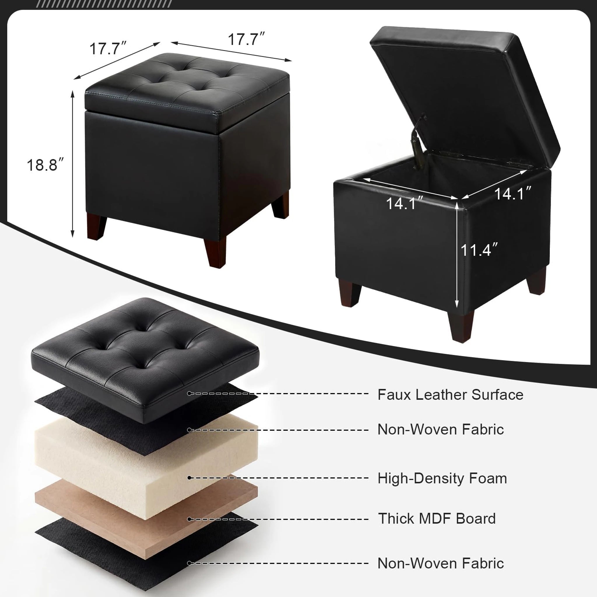 Homebeez Black Muse Lift-Top Tufted Faux Leather Square Storage Ottoman – dimensions chart