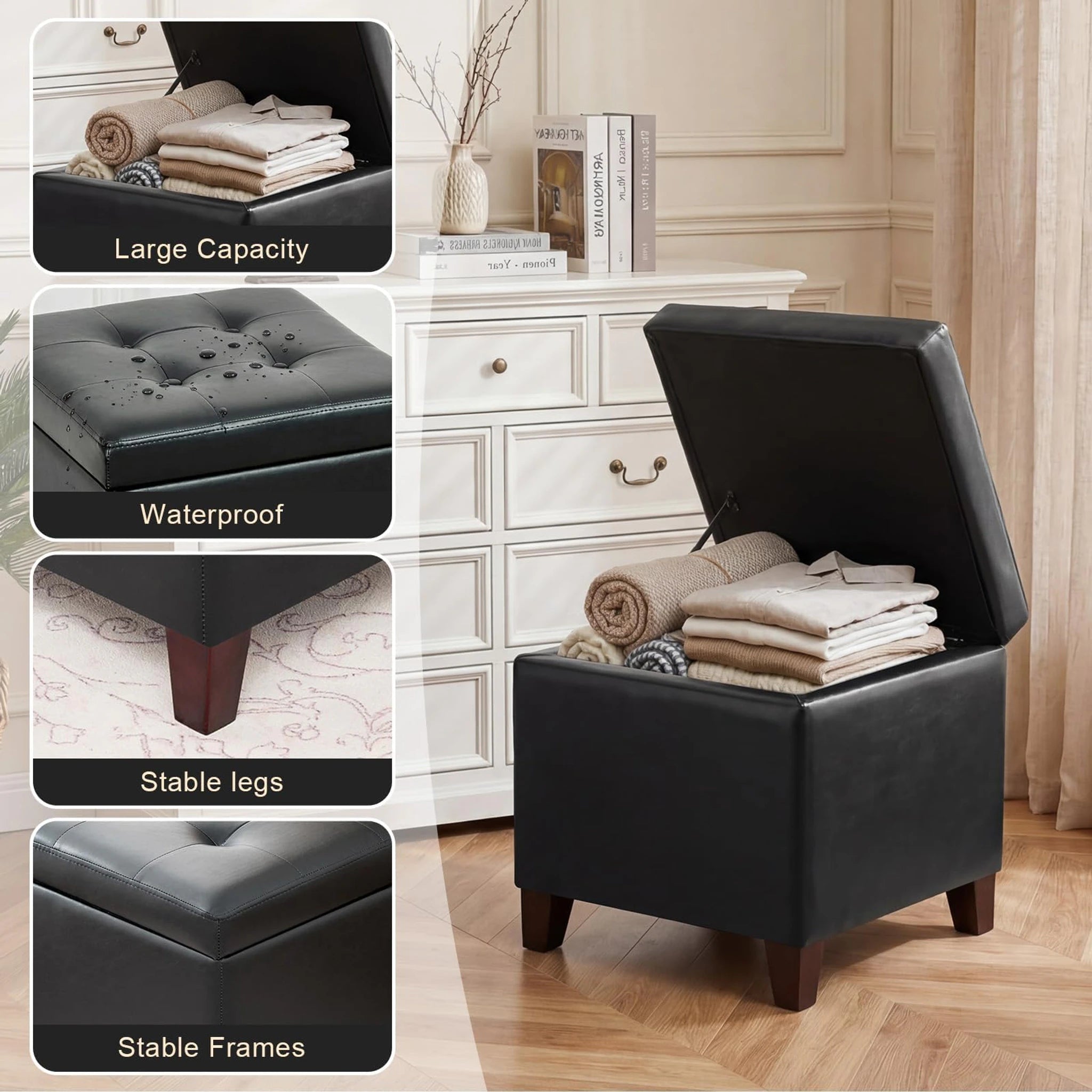 Homebeez Black (small) Muse Lift-Top Tufted Faux Leather Square Storage Ottoman – detail and materials view