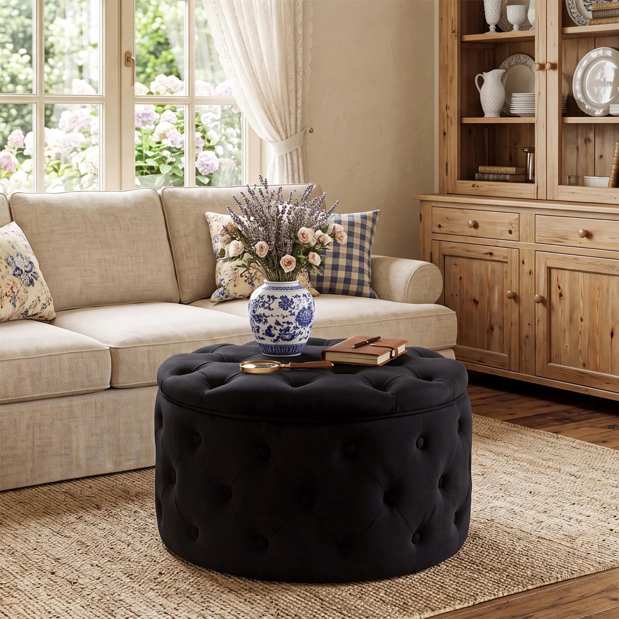 Homebeez Black Small Tufted Velvet Round Storage Ottoman - Black-small – styled home scene